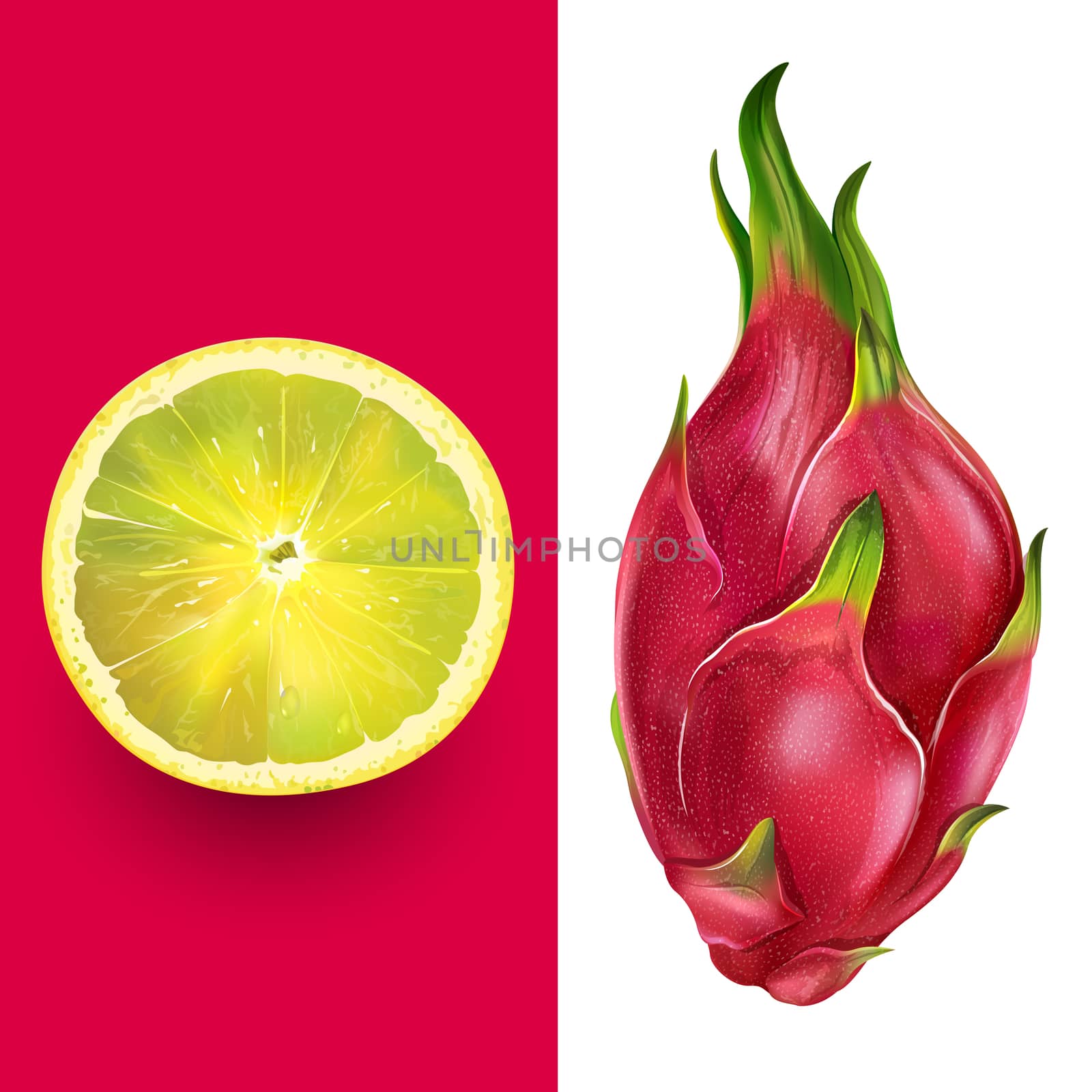 Dragon fruit and lemon on a red and yellow background.