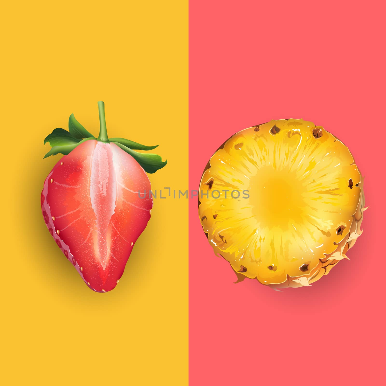 Pineapple and strawberry on a pink and yellow background.