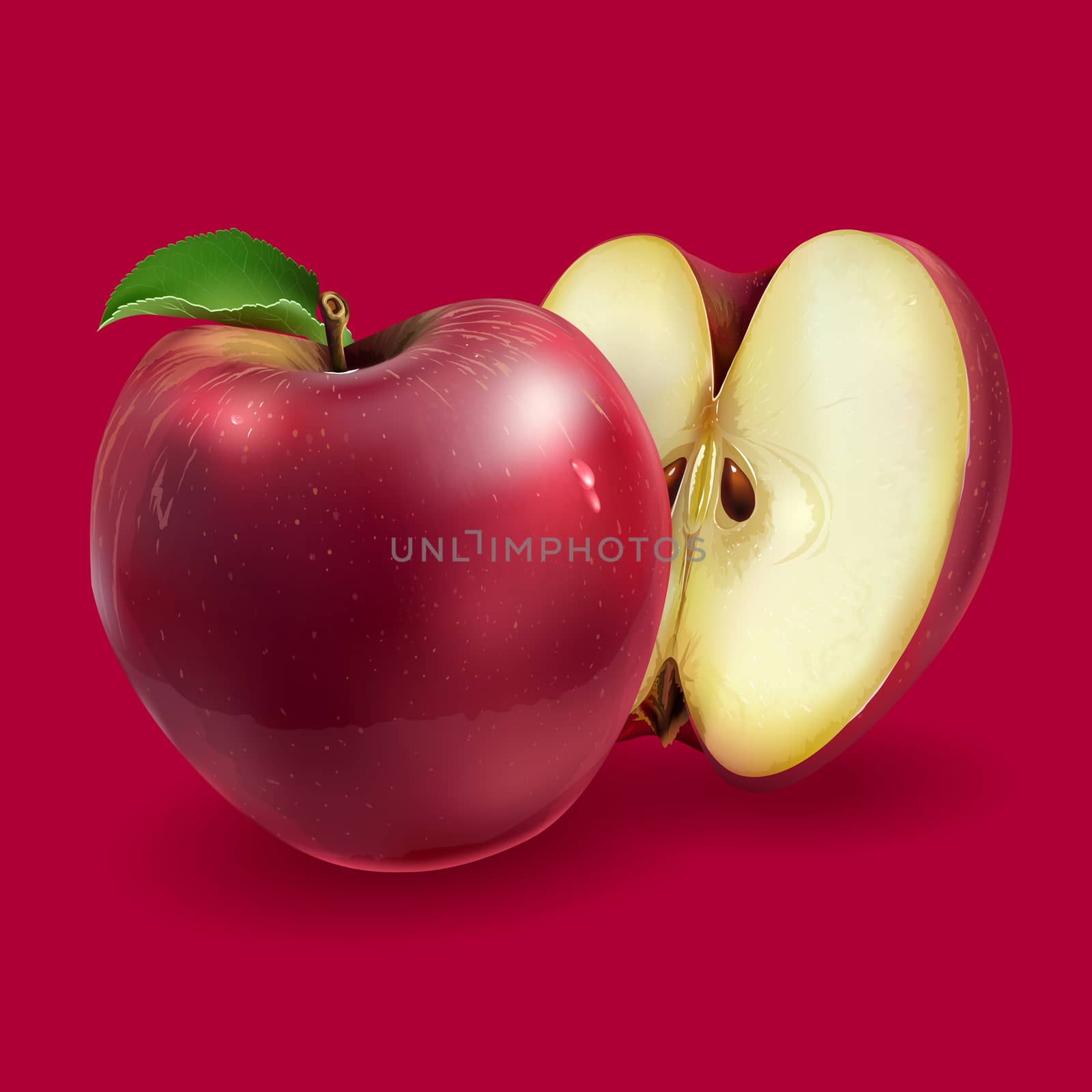 Realistic red apples on a red background.