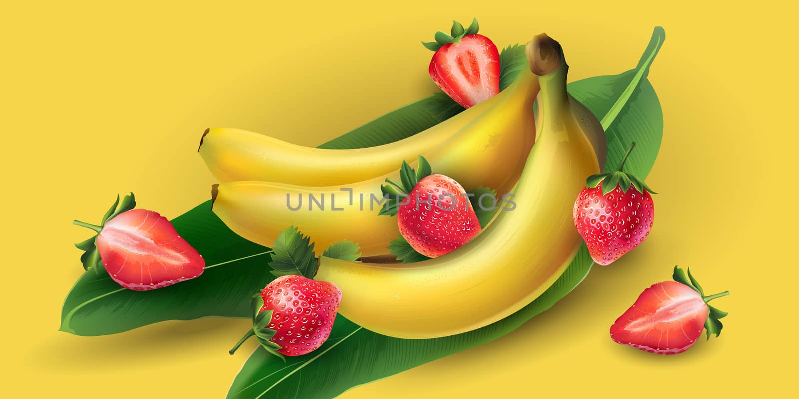 Delicious banana and strawberry on a yellow background.