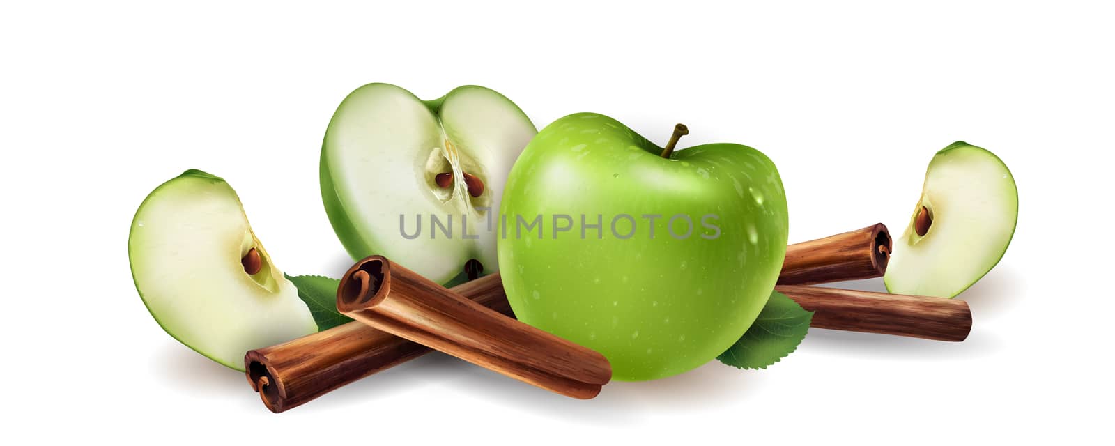 Cinnamon and green apples on a white background.