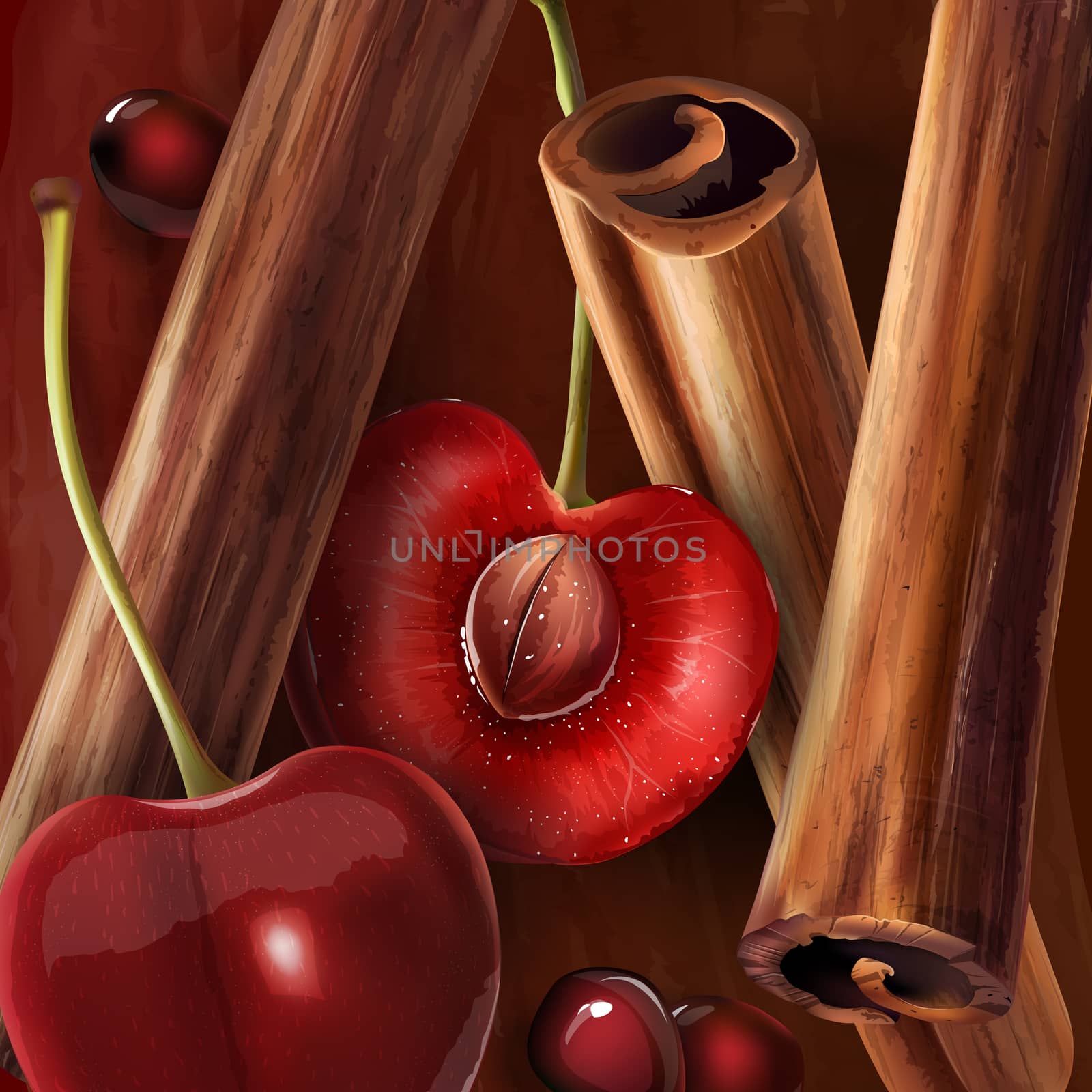 Cinnamon and cherry on a wine-colored background.