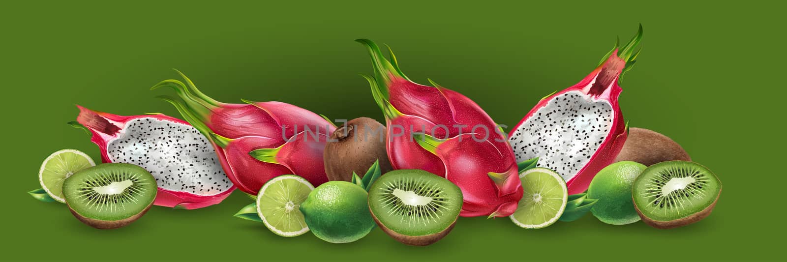 Dragon fruit and kiwi on green background.