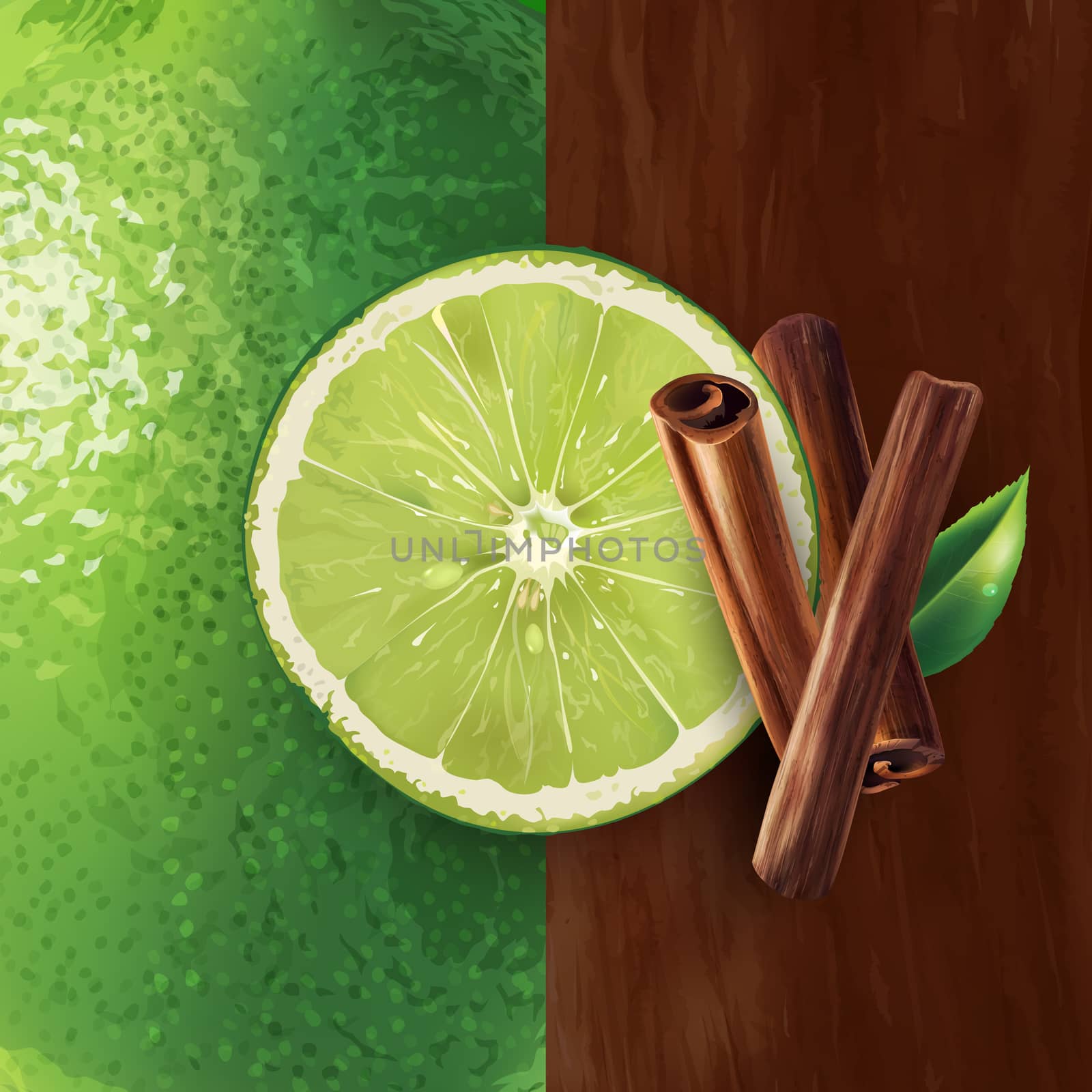 Cinnamon and green lime on a background.