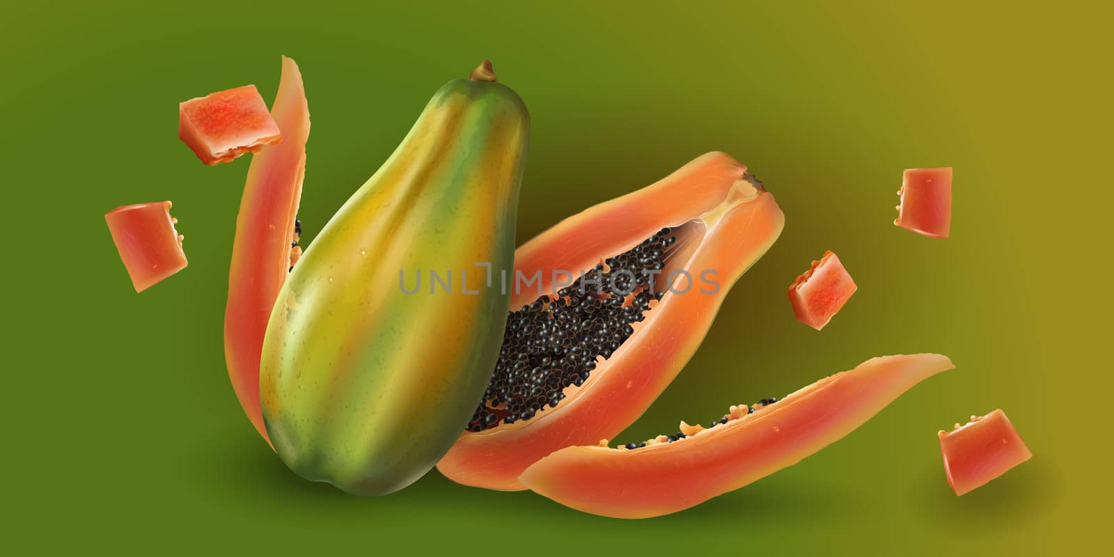 Papaya or pawpaw slices on green background.