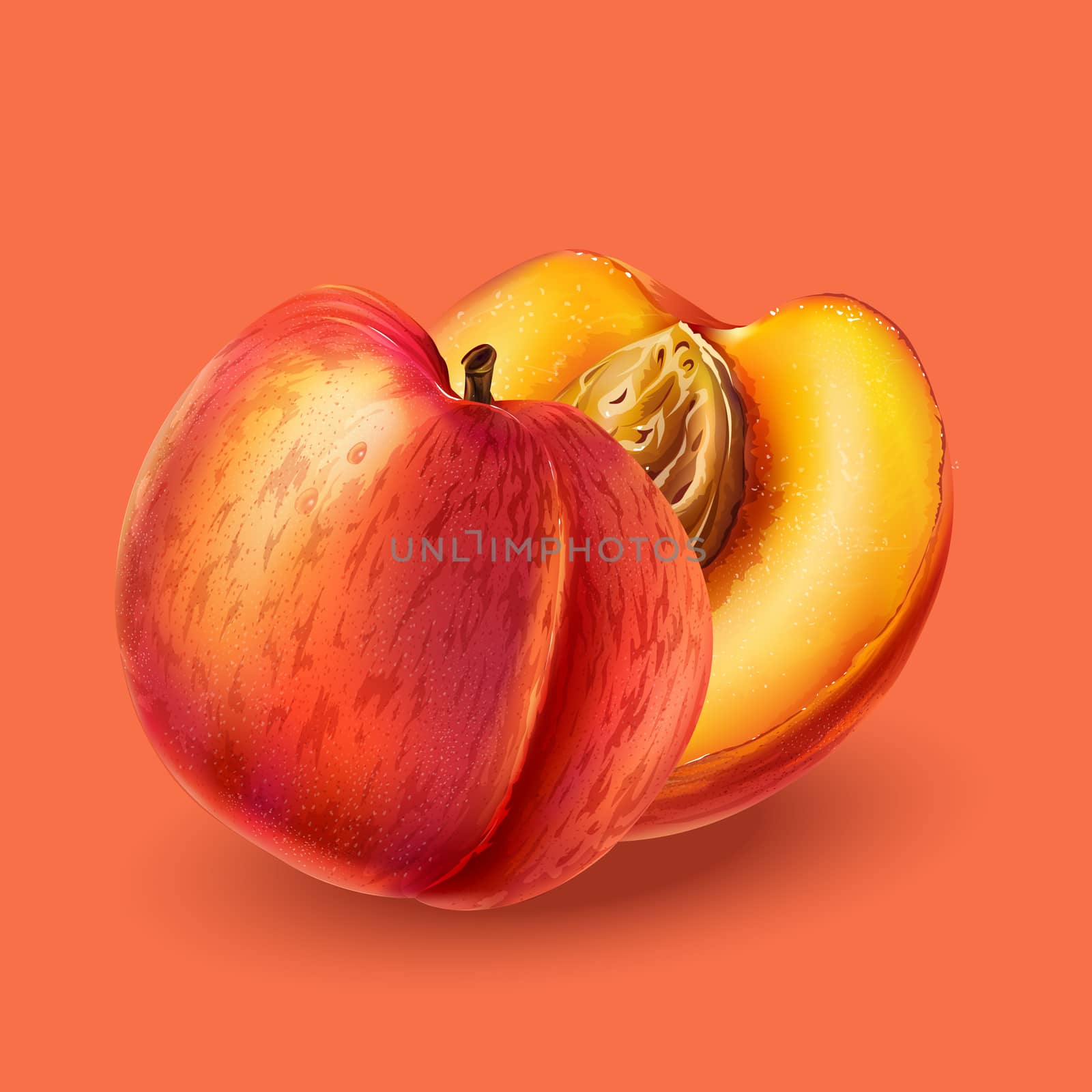 Realistic peach and slices on pink background.