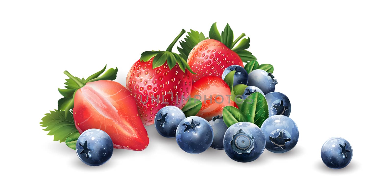 Blueberries and strawberries on a white background.