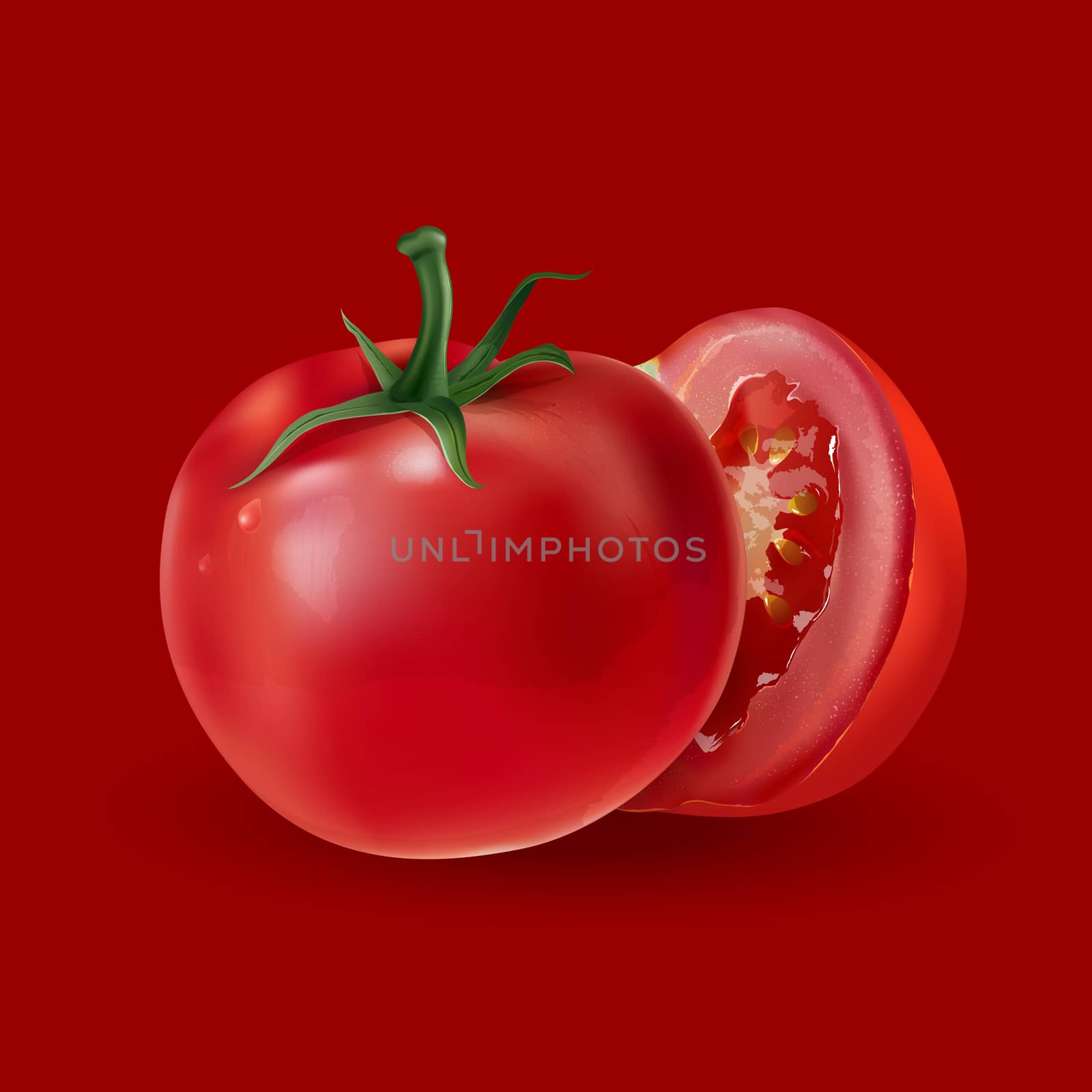 Realistic fresh tomatoes on a red background.