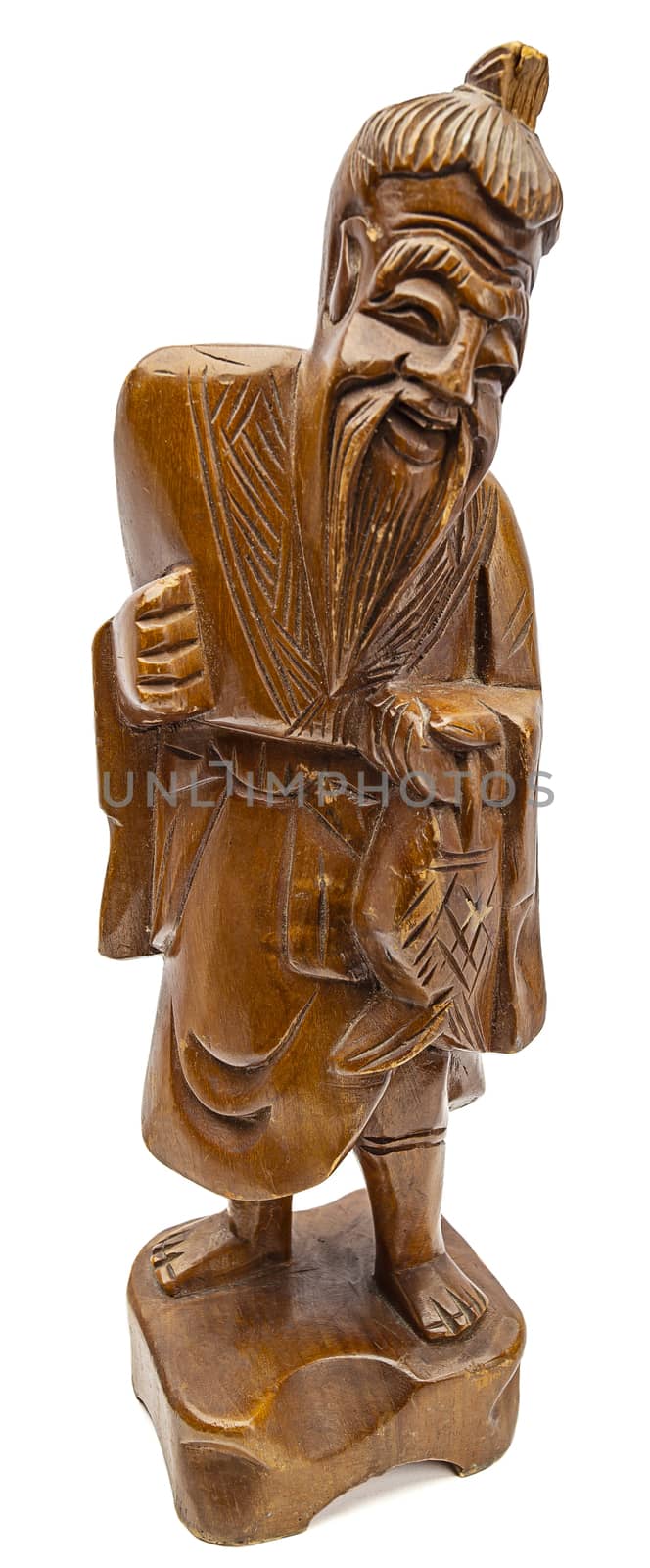 Isolated wood statue of an old japanese man