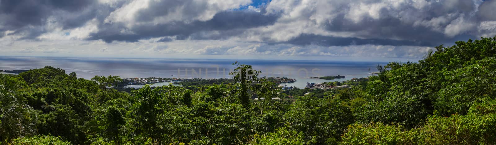 Village on the island of Roatan behind a jungle forest