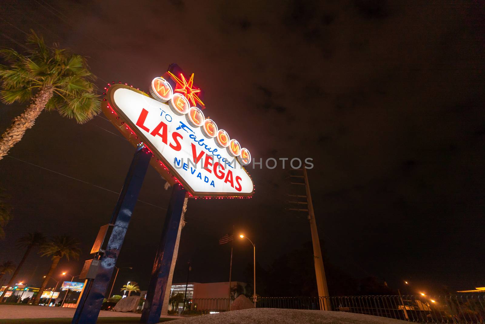 Famous Las Vegas sign at night in Las Vegas city, Nevada, USA