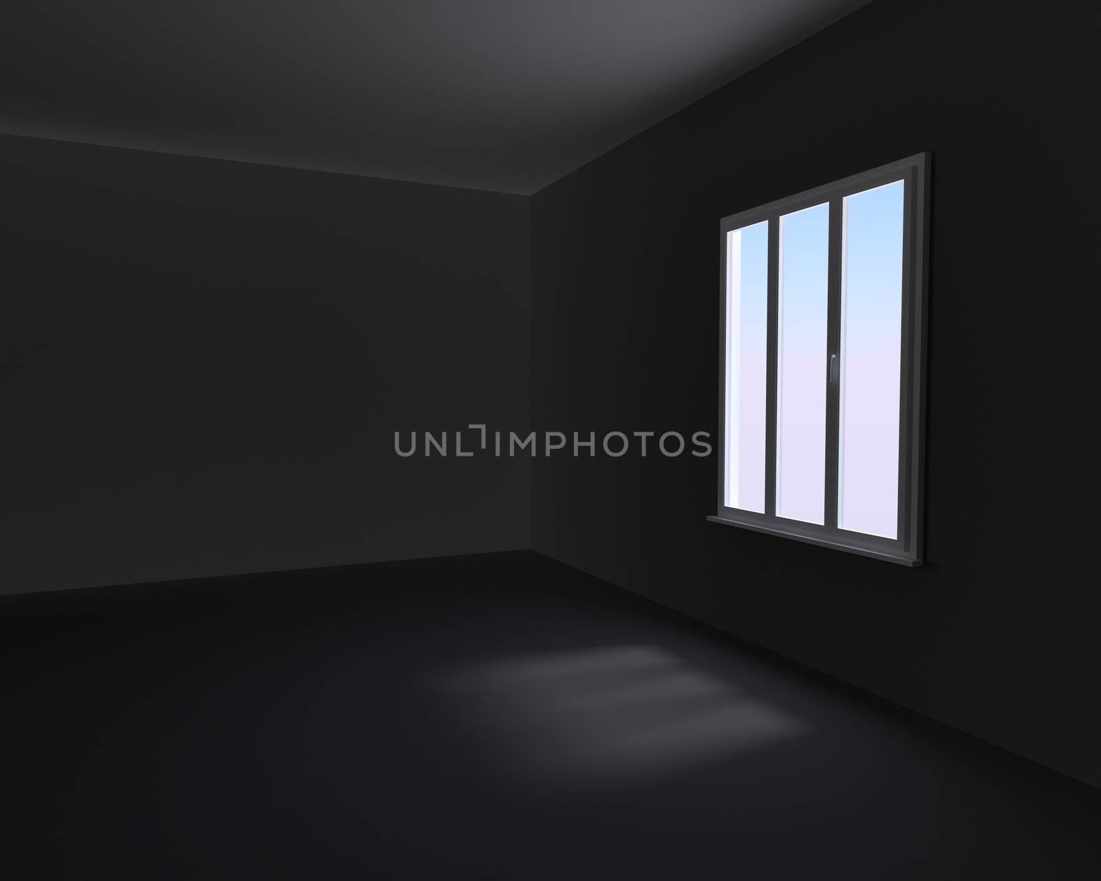 Dark room with light coming through the window. 3d illustration