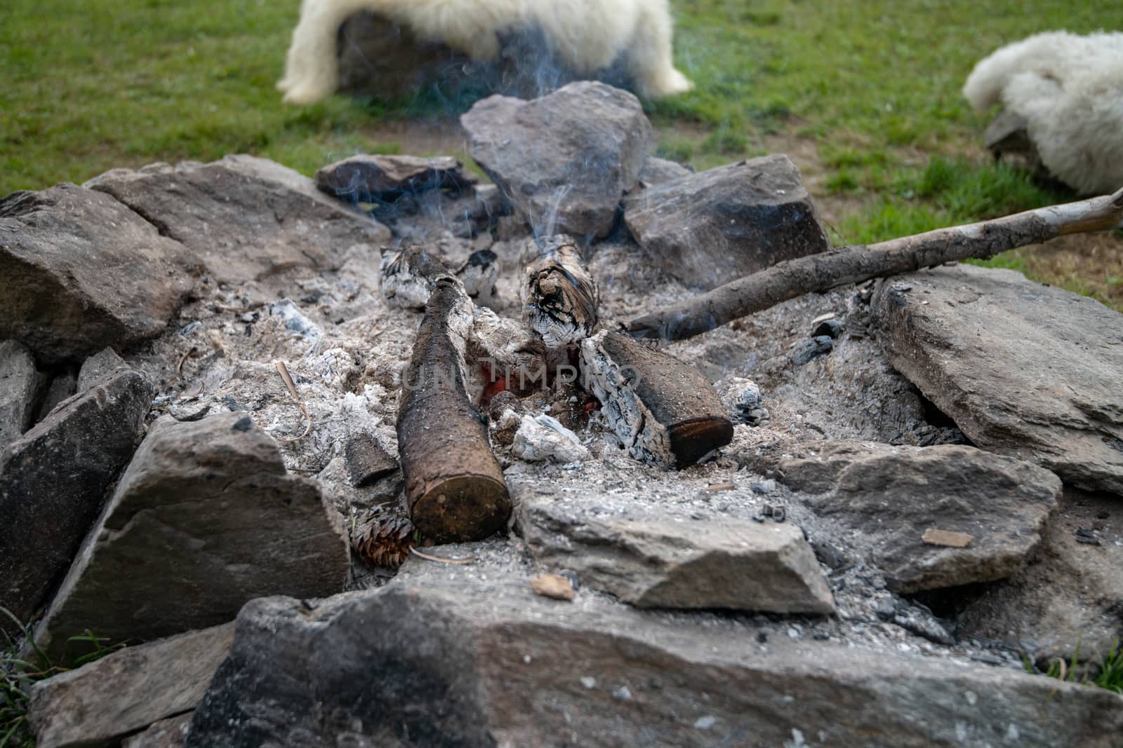 Camp fire made of stone ring, traditional, authentic camp fire of Alpine herders, next to the fire are logs covered in sheep skin, a branch sticking out of the fire
