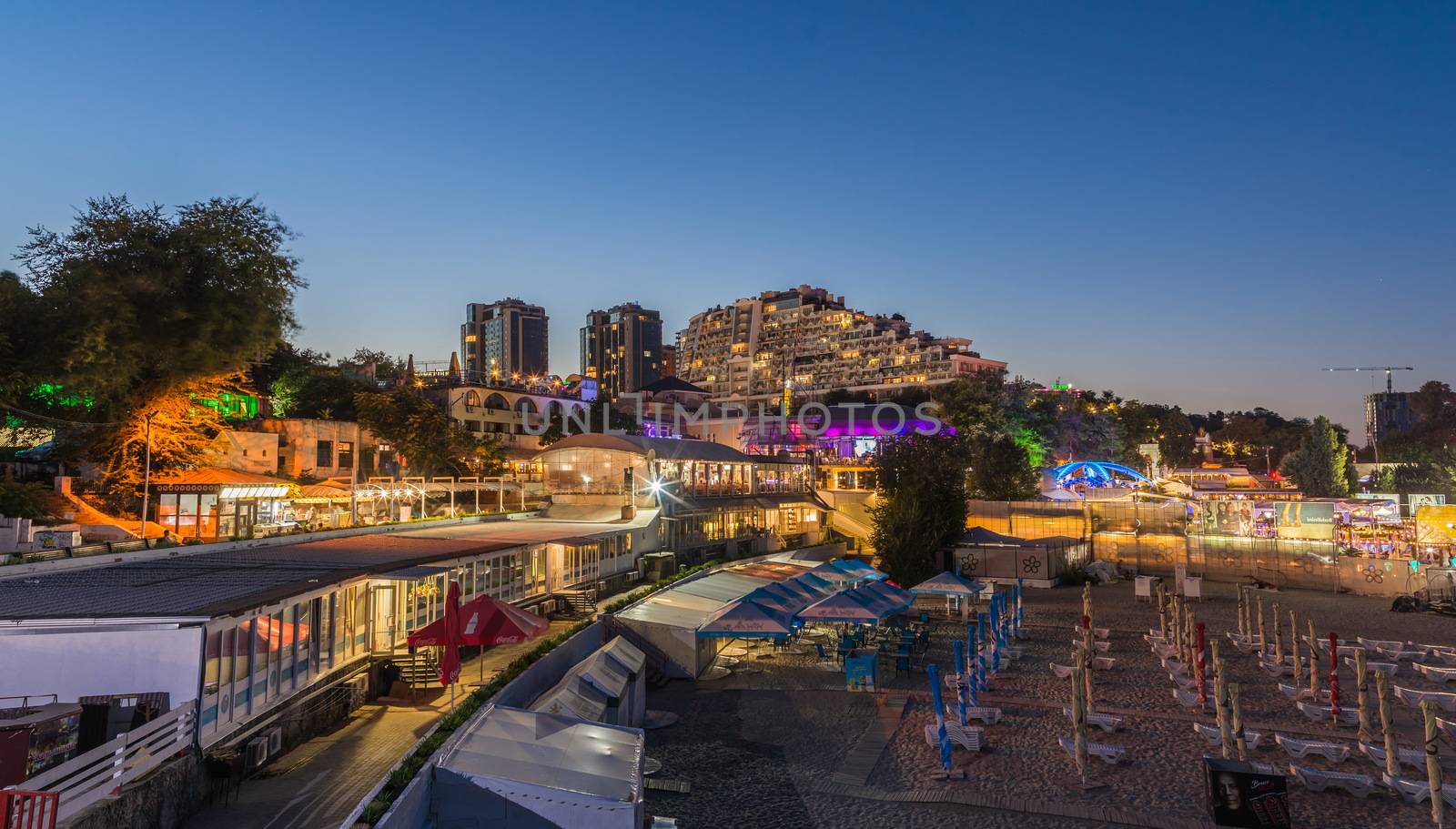 ODESSA, UKRAINE - 08.08.2018. Panoramic view of Arcadia city beach in a hot summer night. Famous touristic place in Ukraine