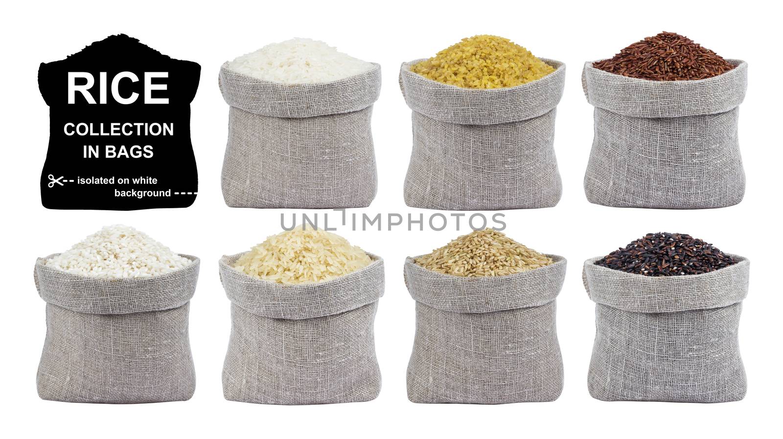Rice isolated on white background. Different types of rice in bags. Collection
