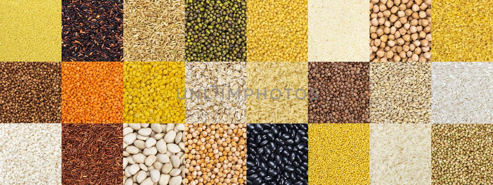 Collection of different cereals, grains, rice and beans backgrounds. by xamtiw