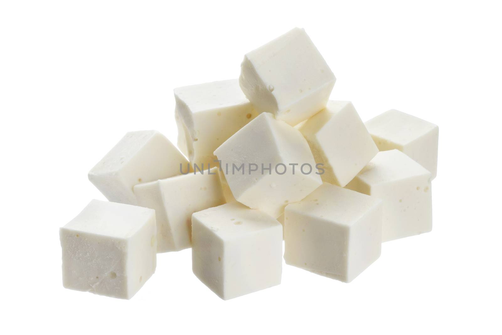 Heap of diced feta cubes isolated on white background by xamtiw