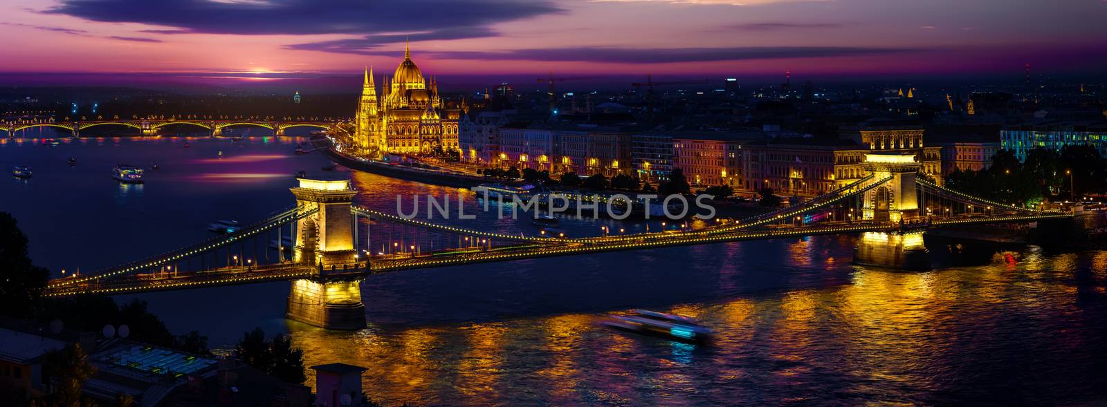 Panoramic view on illuminated Budapest in evening, Hungary