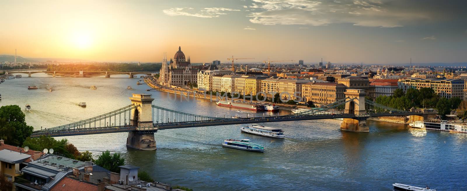 Sunset over Danube and landmarks of Budapest, Hungary