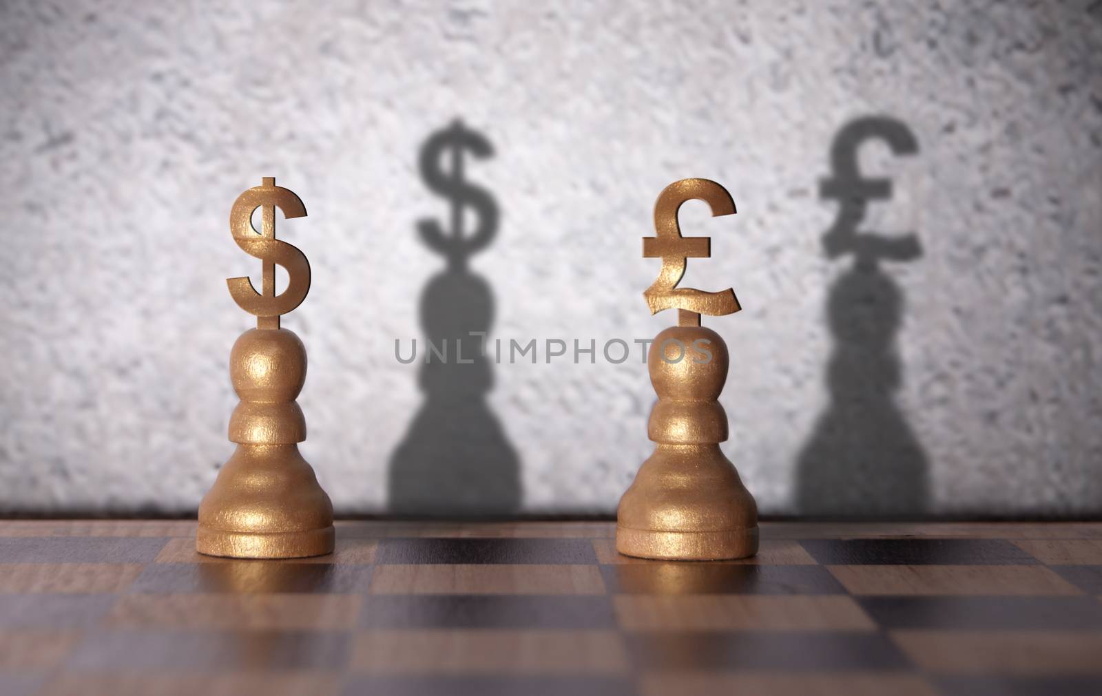 Dollar and pound shadow emerging from currency chess pawns 
