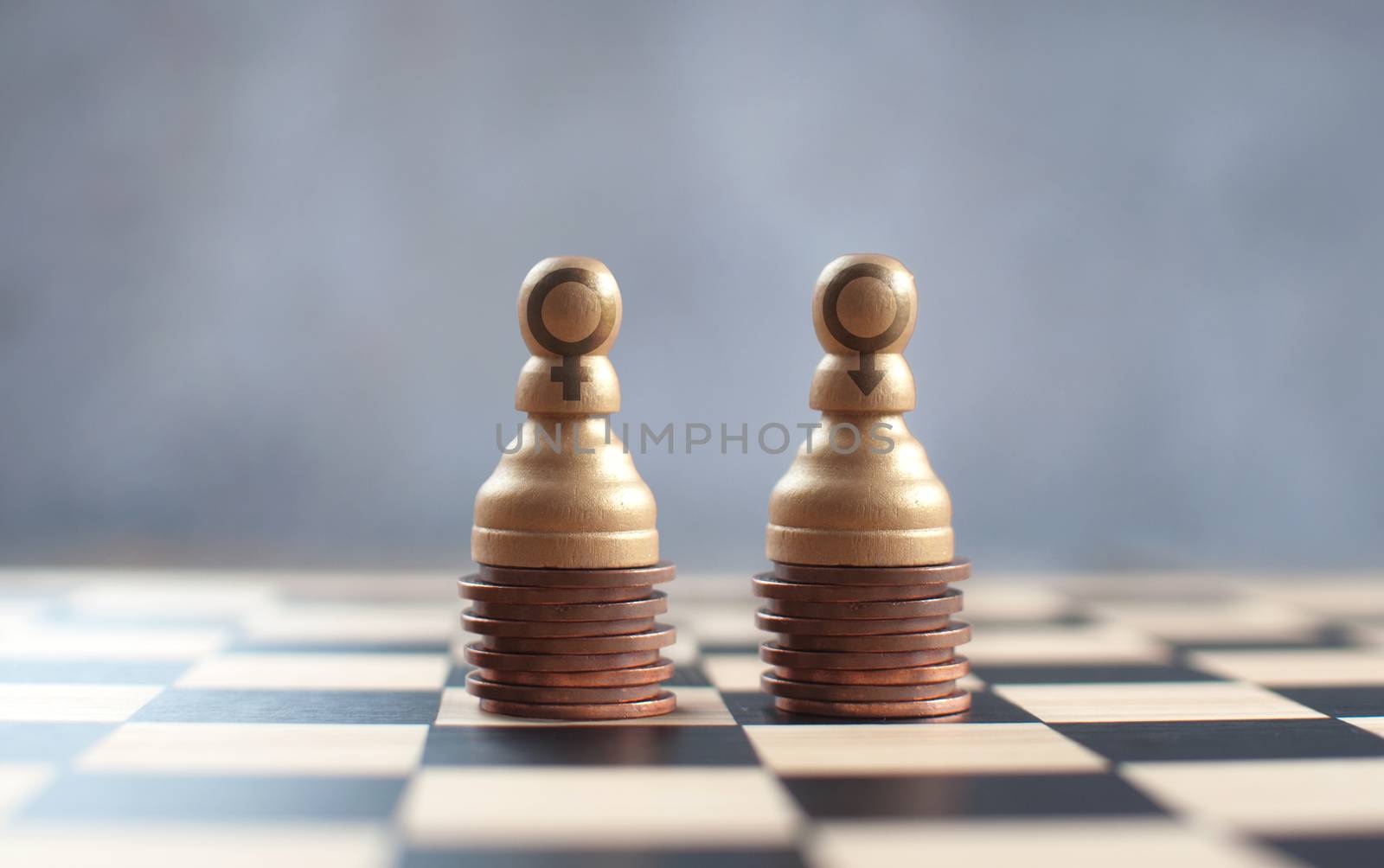 Two chess pawns with gender symbols on top of a heap of coins 