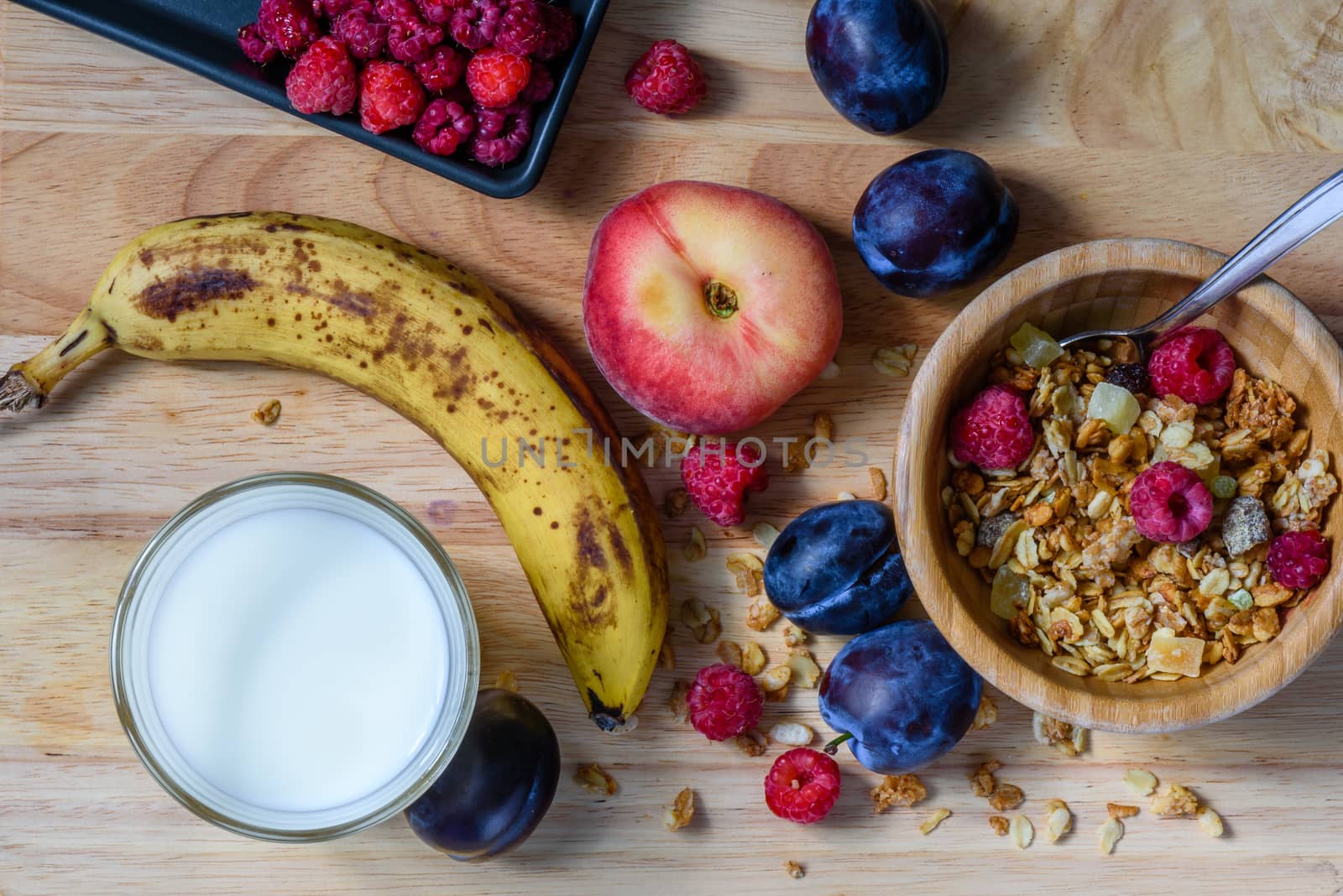 Bowl of muesli with sweet berries, fruits and milk by Seva_blsv