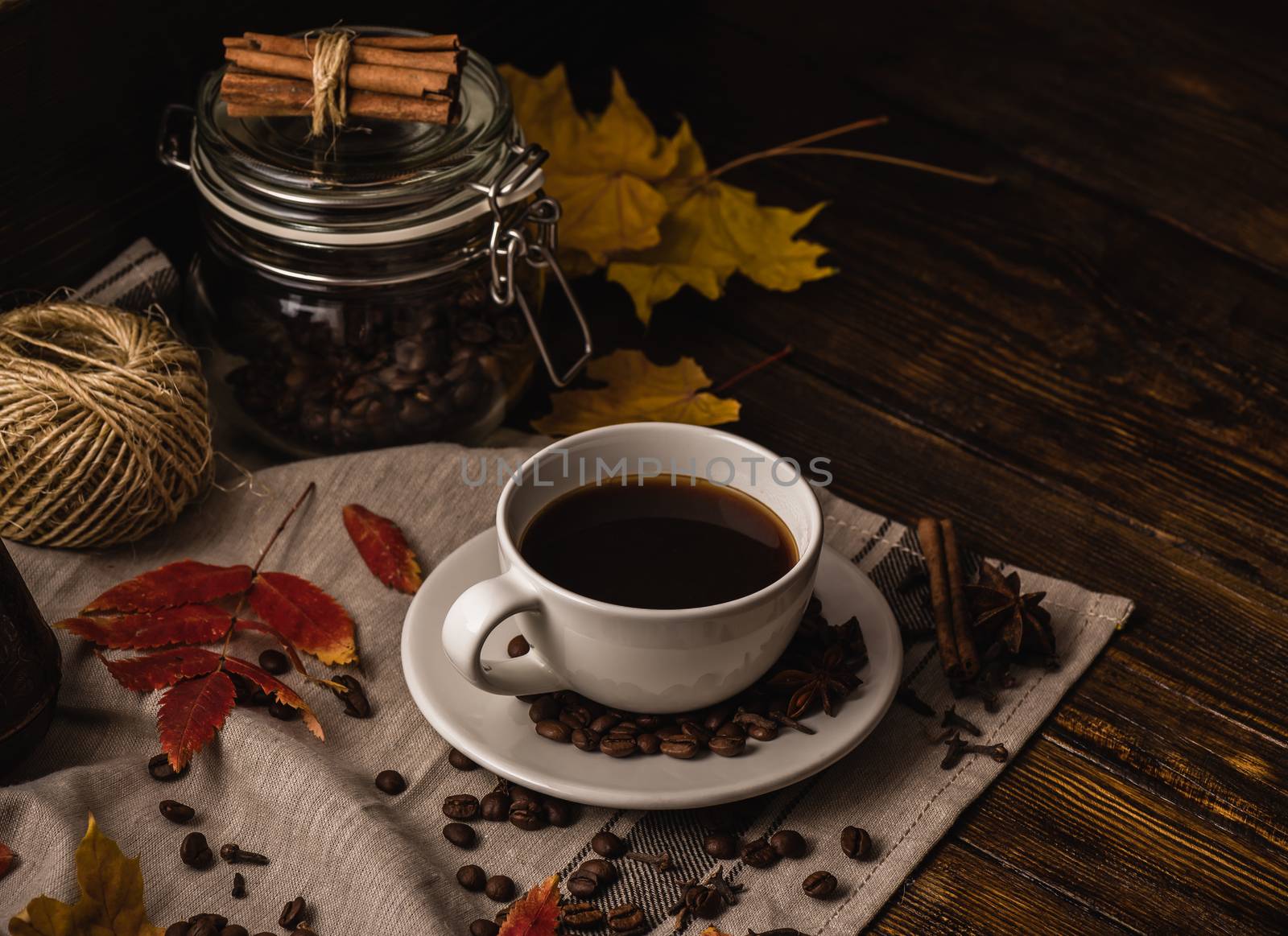 Autumn Evening with Cup of Coffee. Ingredients, Spices and Some Kitchenware. Space for text.