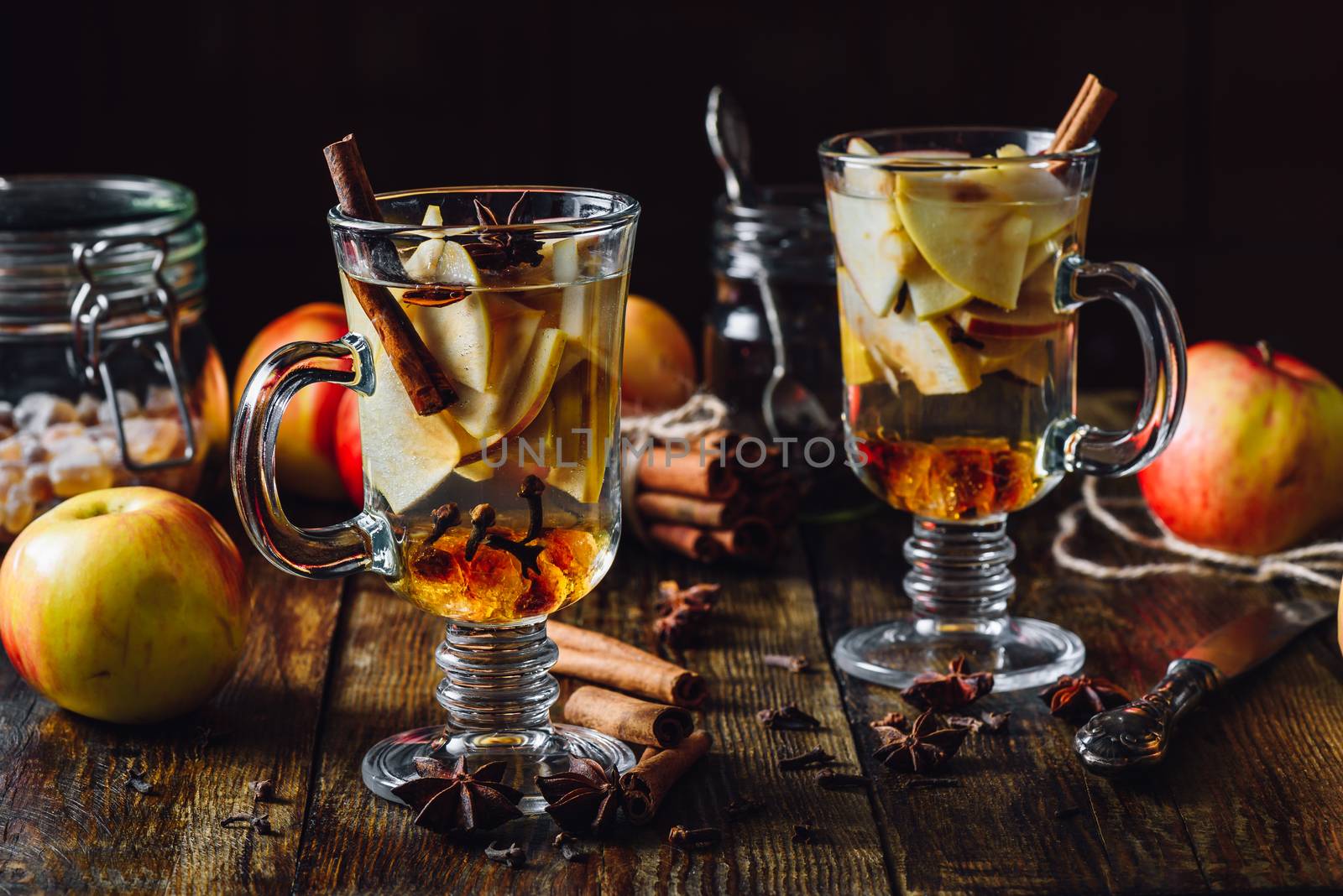 Apple Mulled Beverage with Cinnamon, Anise Star and Clove.