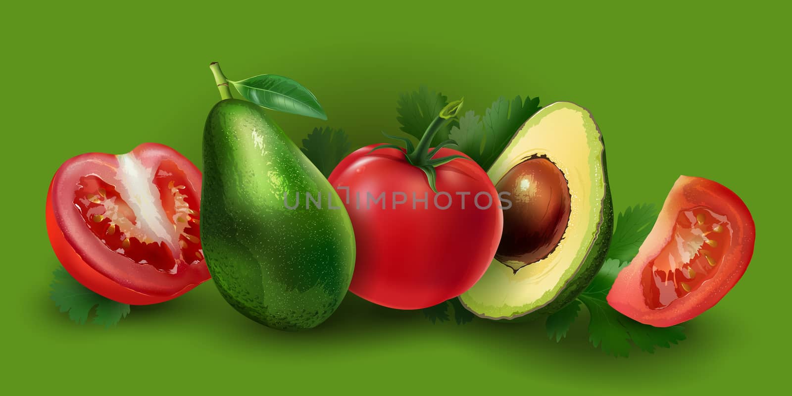 Avocado and tomato slices on a green background.