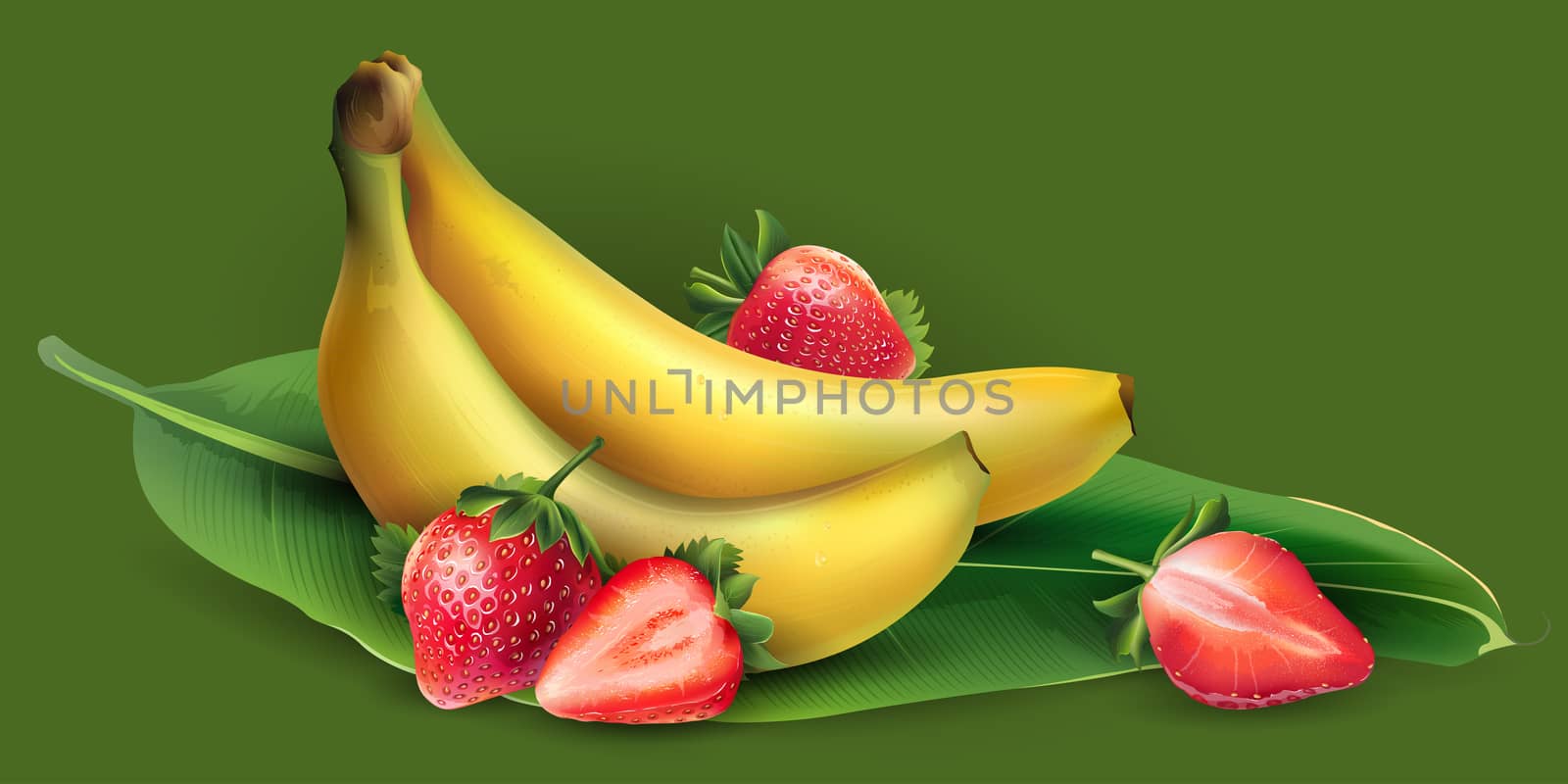 Delicious banana and strawberry on a green background.