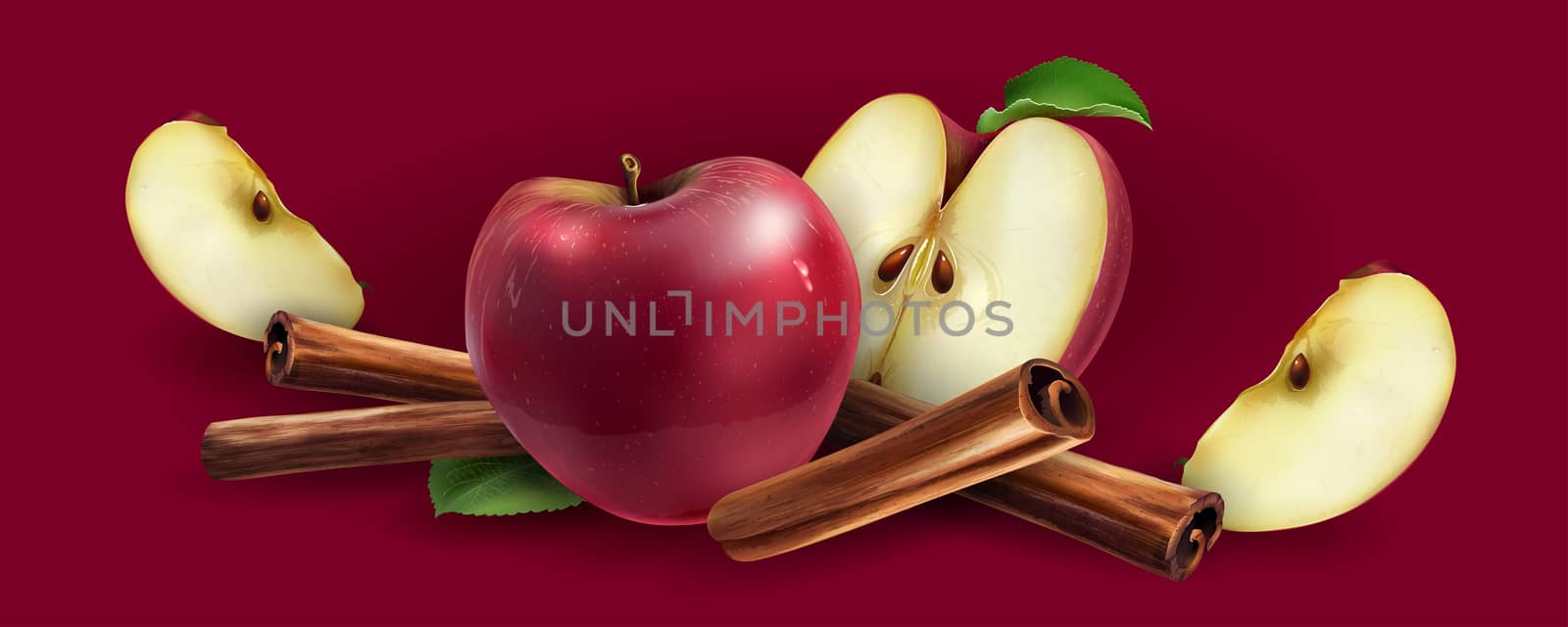 Cinnamon and red apples on a red background.