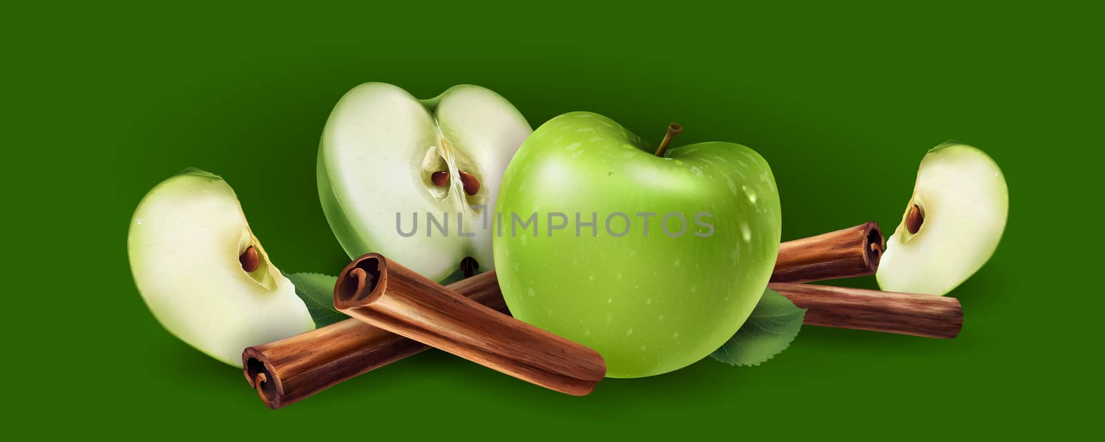 Cinnamon and green apples on a green background.