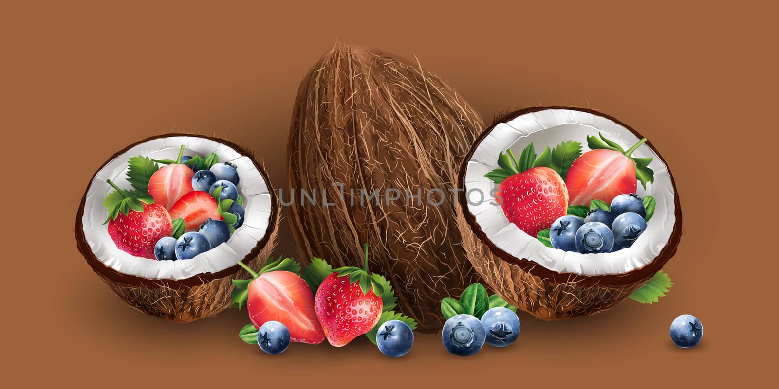 Coconut, blueberries and strawberry on a chocolate background.