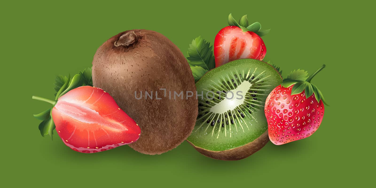Strawberry and kiwi on green background.