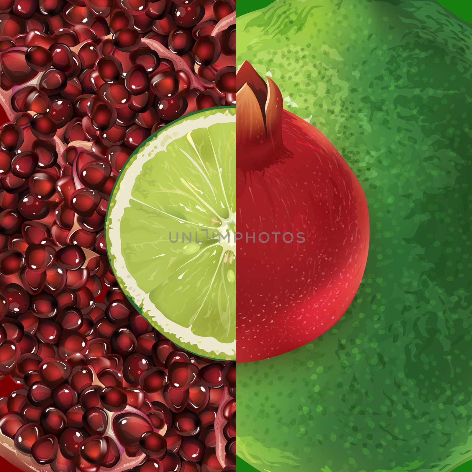 Pomegranate grain and lime on a background.