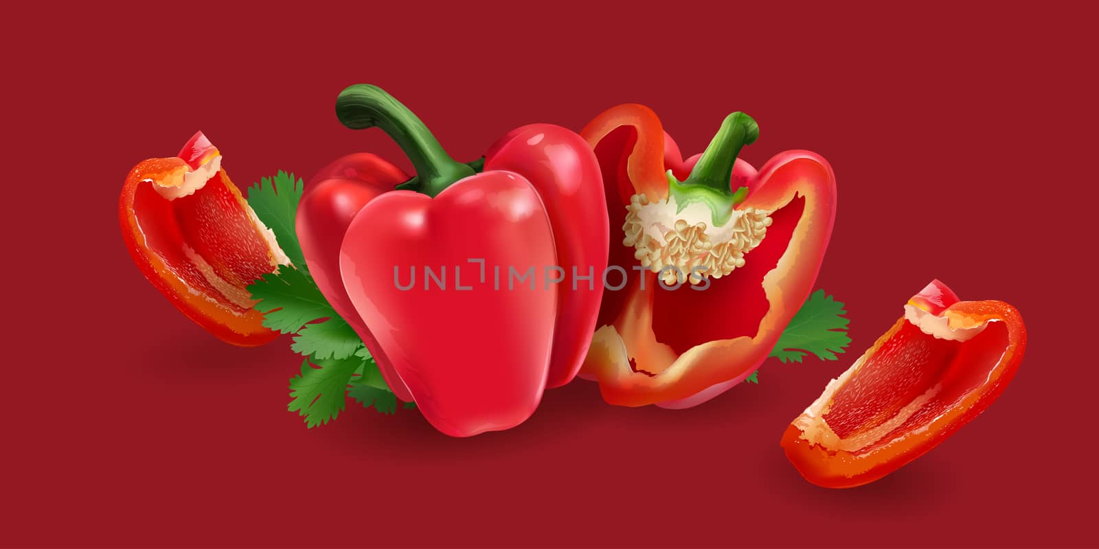 Red pepper on red background by ConceptCafe