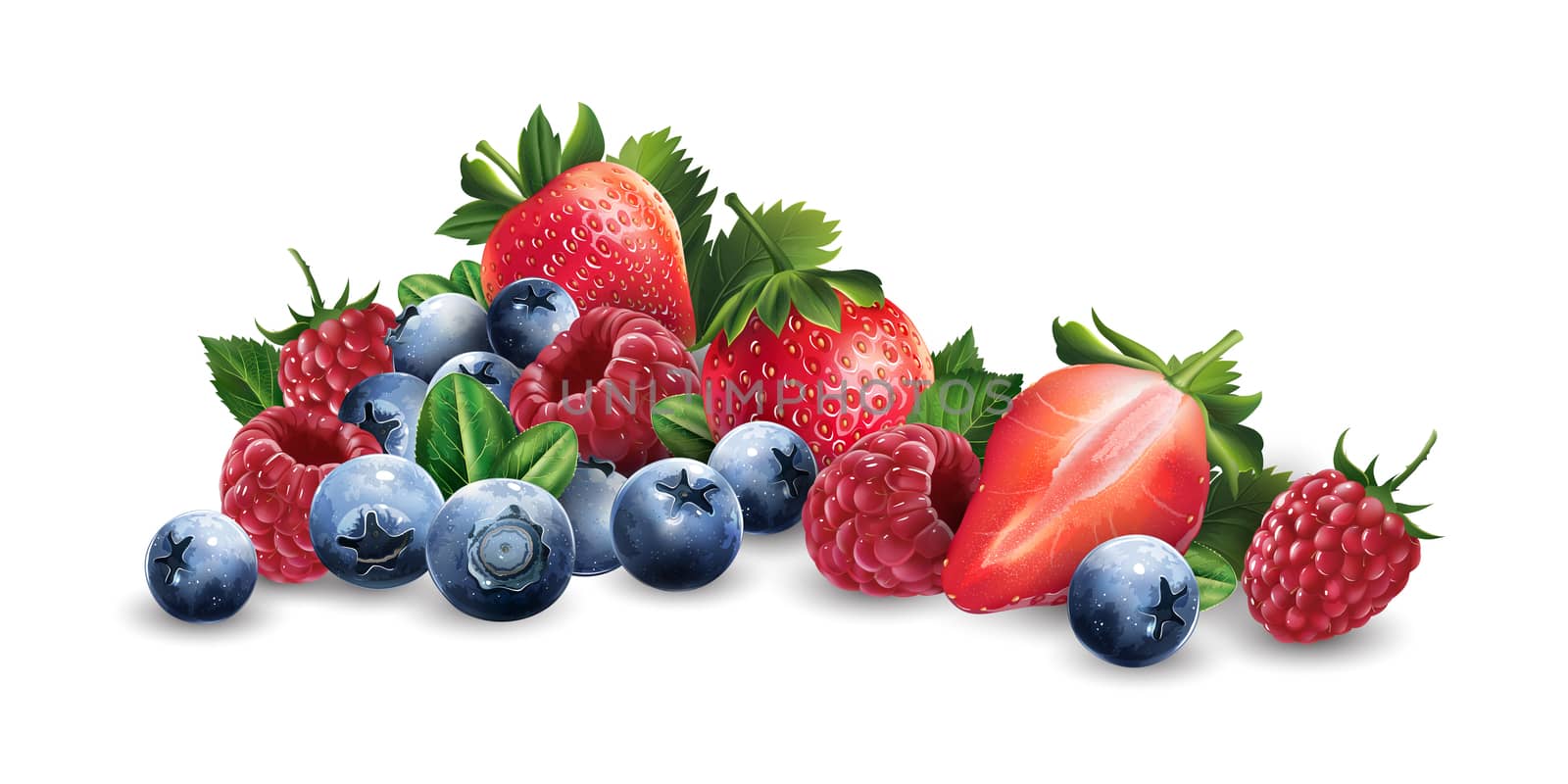 Raspberries, blueberries and strawberries on a white background.