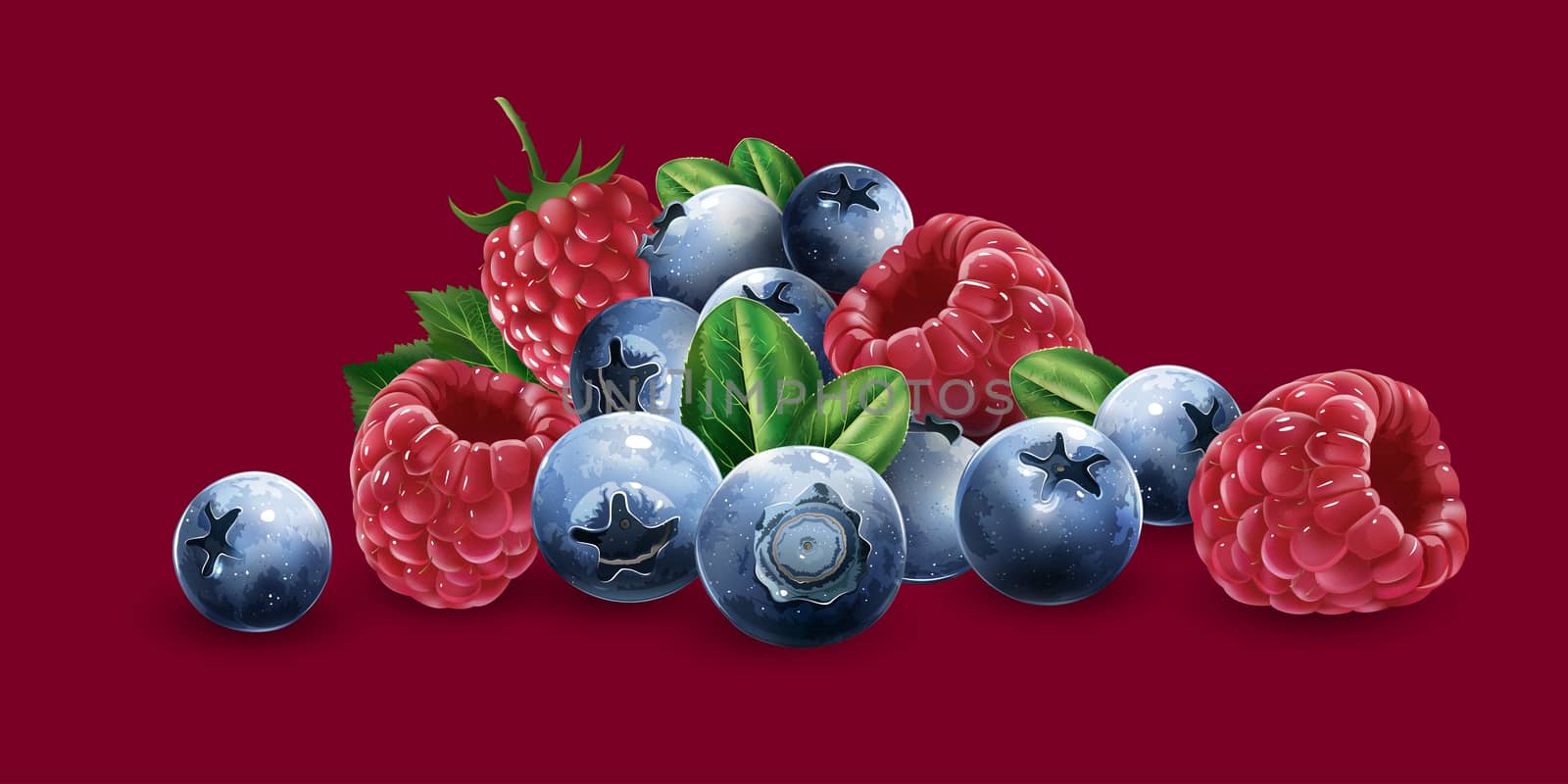 Raspberries, blueberries and strawberries on a red background.