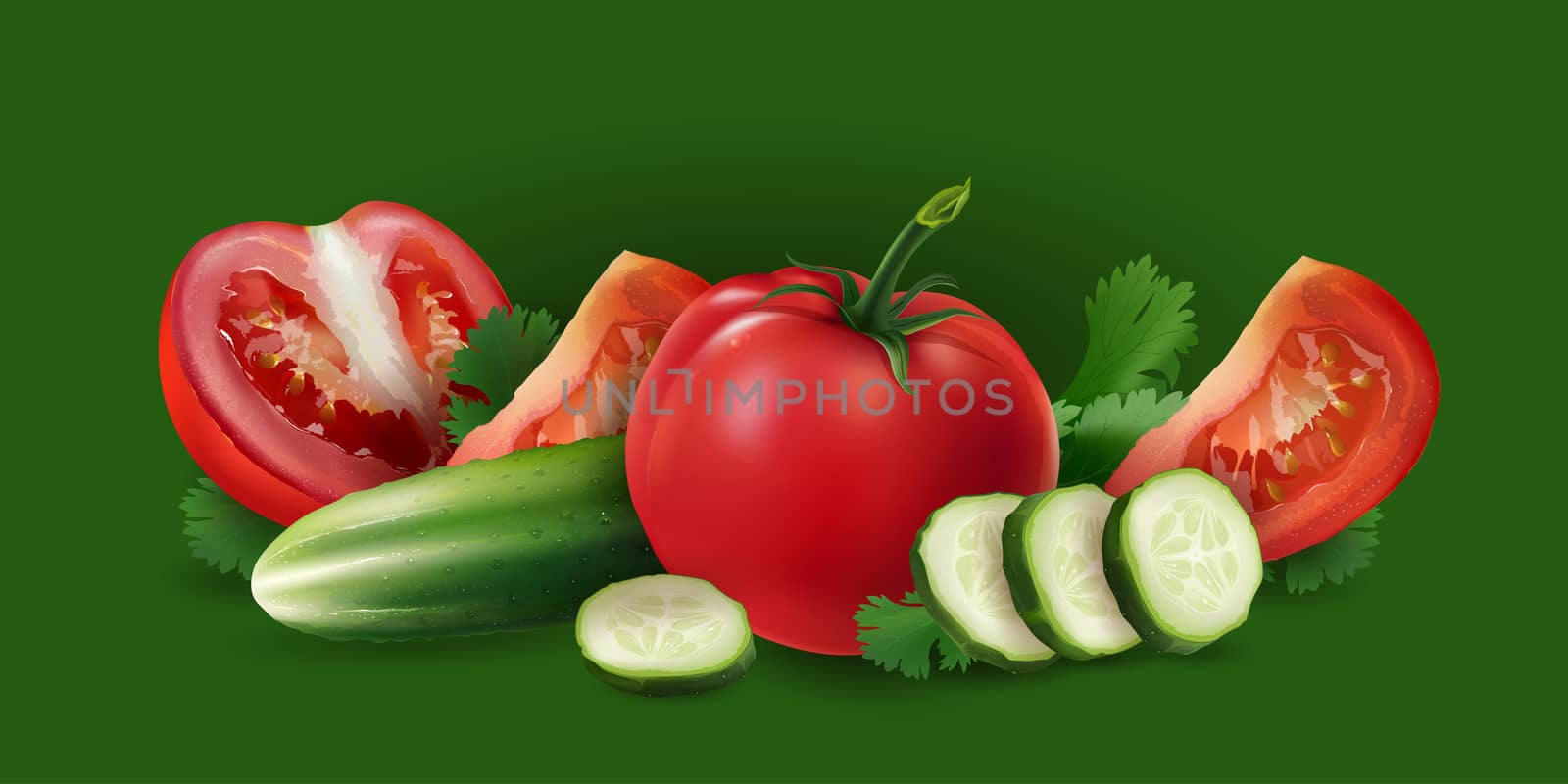 Tomatoes, cucumber and salad on green background.