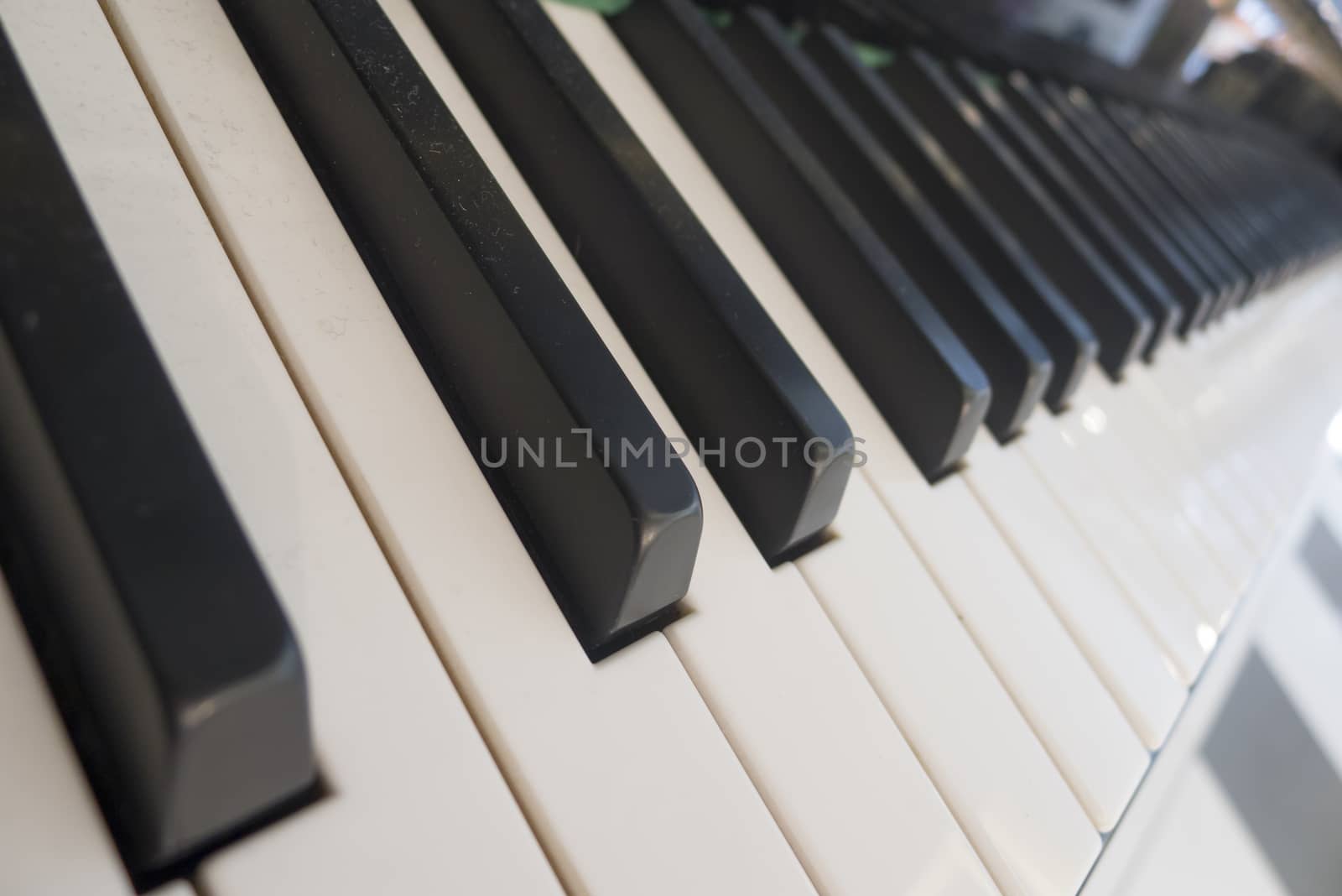 Close up of piano musical instrument keys.