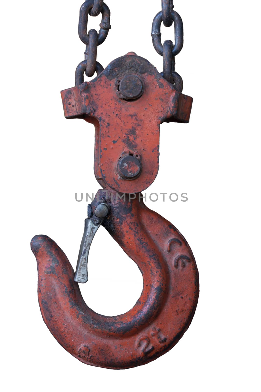 Rusty hook on metal chain over white background