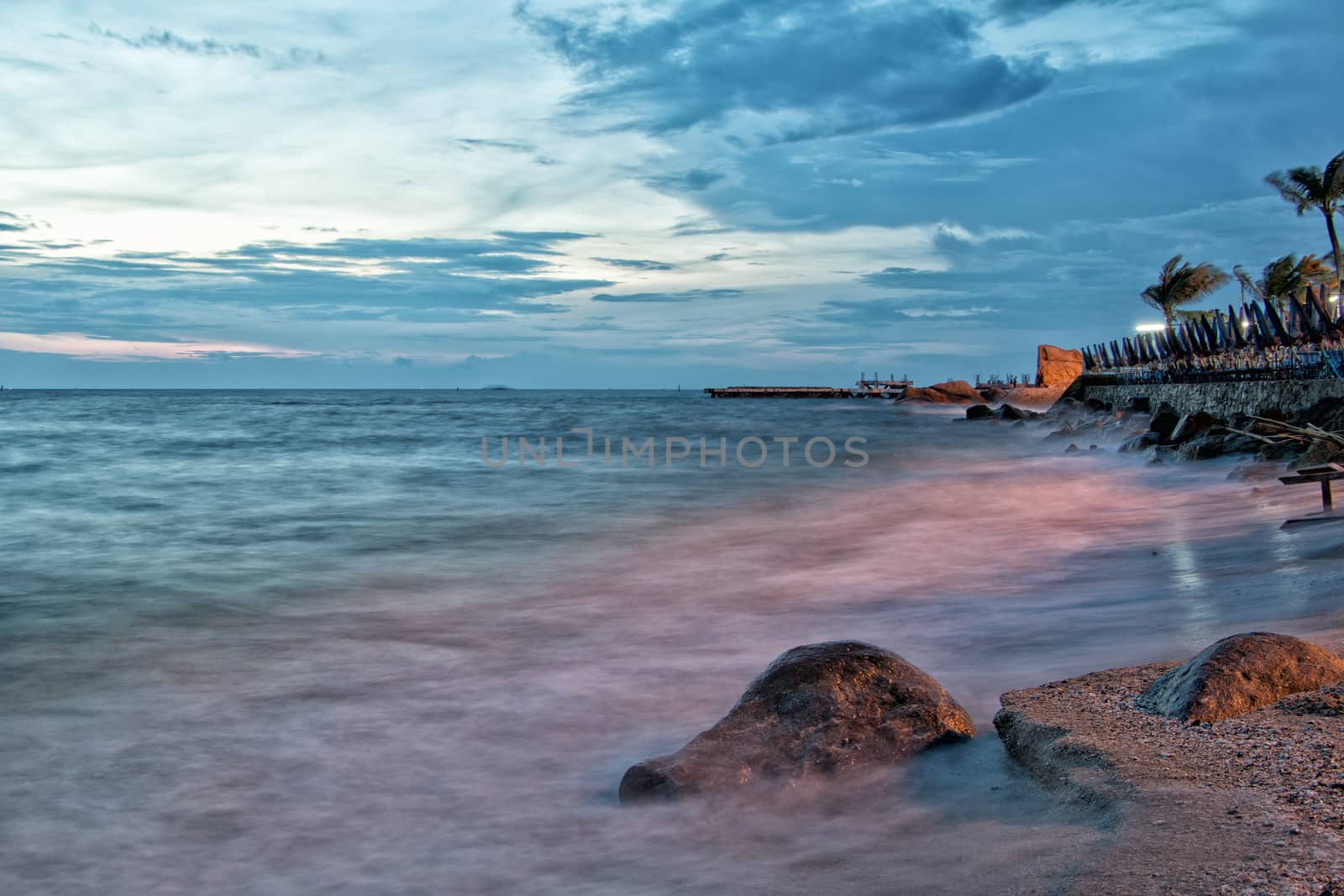 Dramatic Seascape Beach during sunset at Chonburi,Thailand