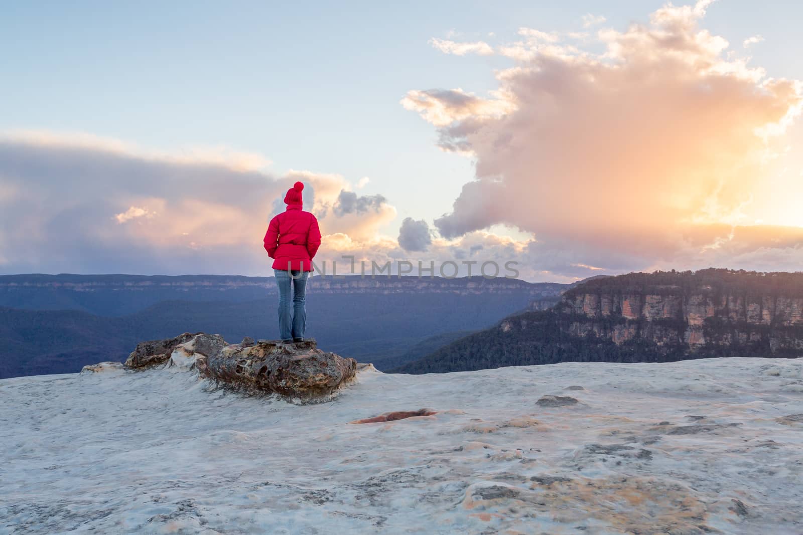 Female enjoying magnificent views from Kings Tableland  Blue Mountains Australia by lovleah