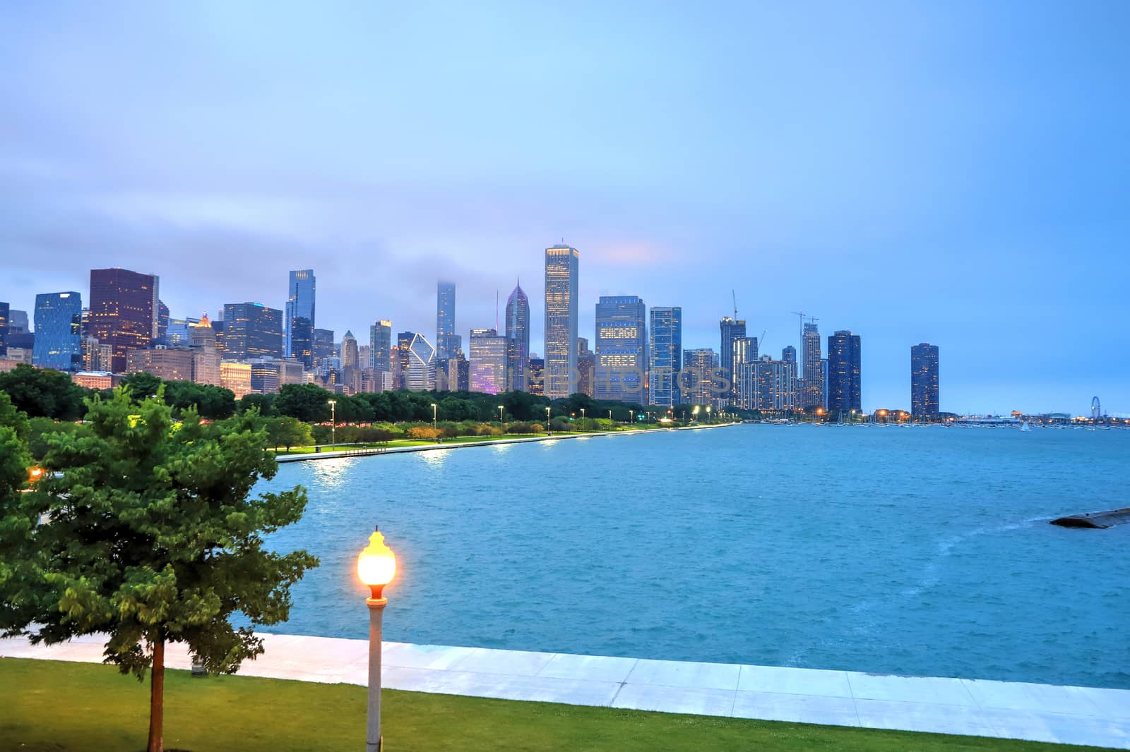 The Chicago skyline at night after a storm across Lake Michigan.