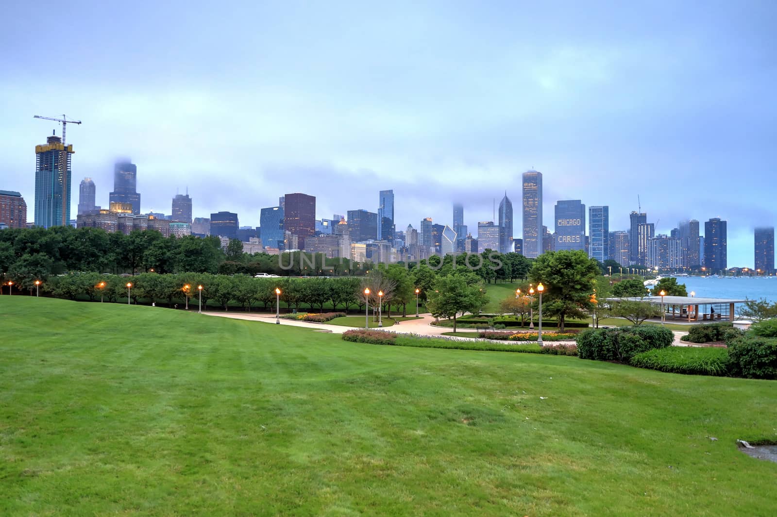 The Chicago skyline at night after a storm across Lake Michigan.