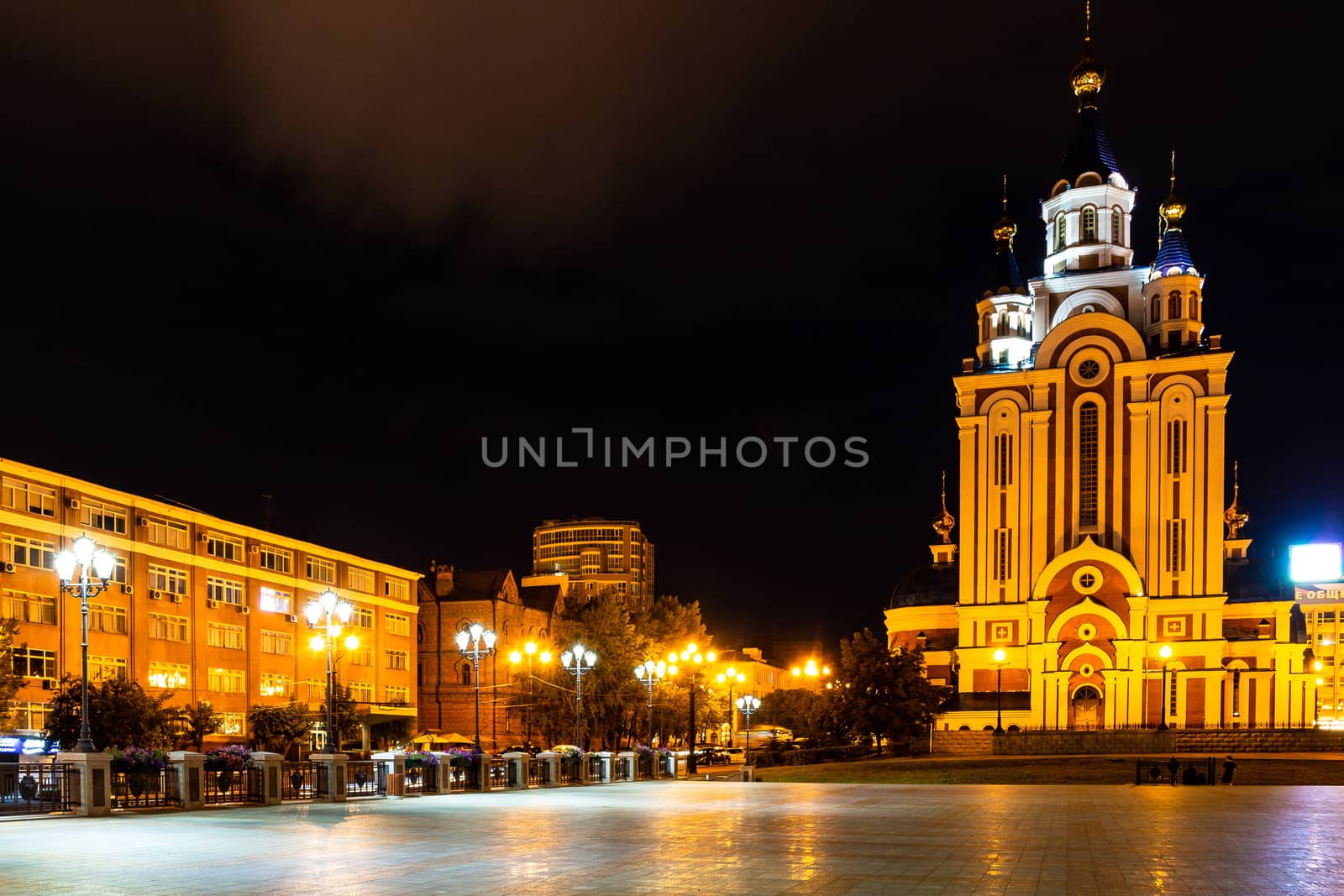 Orthodox cathedral. Photographed at night. Illuminated by artificial light.