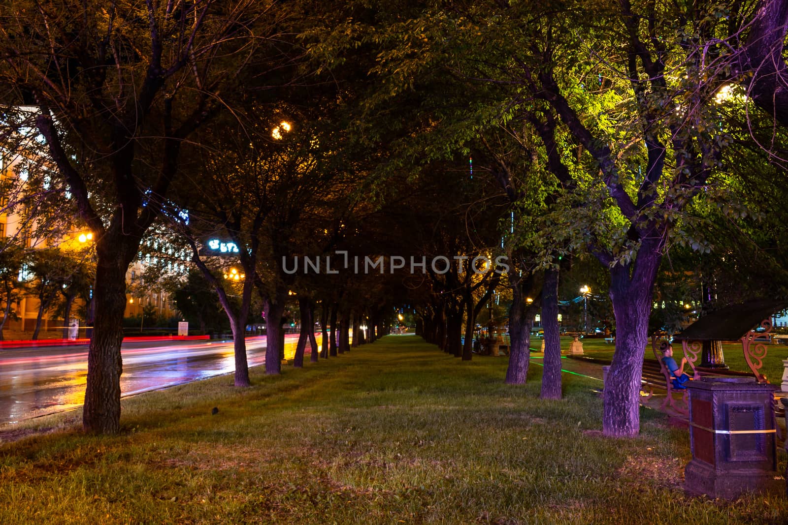 Khabarovsk, Russia - August 13, 2018: Lenin square at night under the light of lanterns. by rdv27