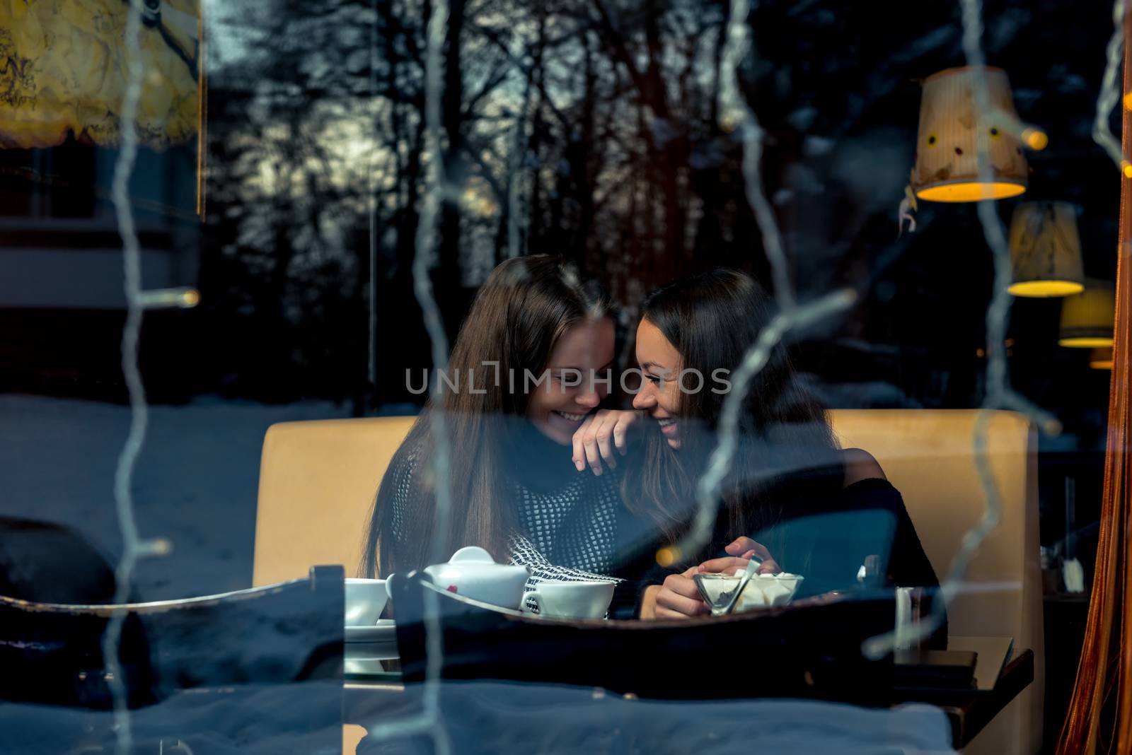 Merry girlfriends, meeting in a cafe, shooting behind a glass