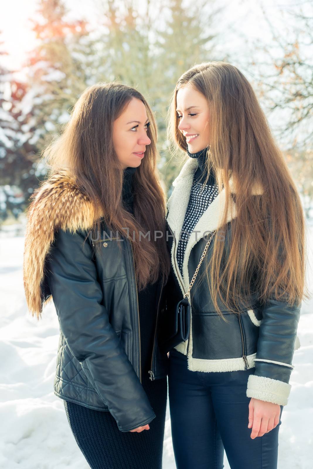 girlfriends girls in the winter in nature, portrait on a sunny day