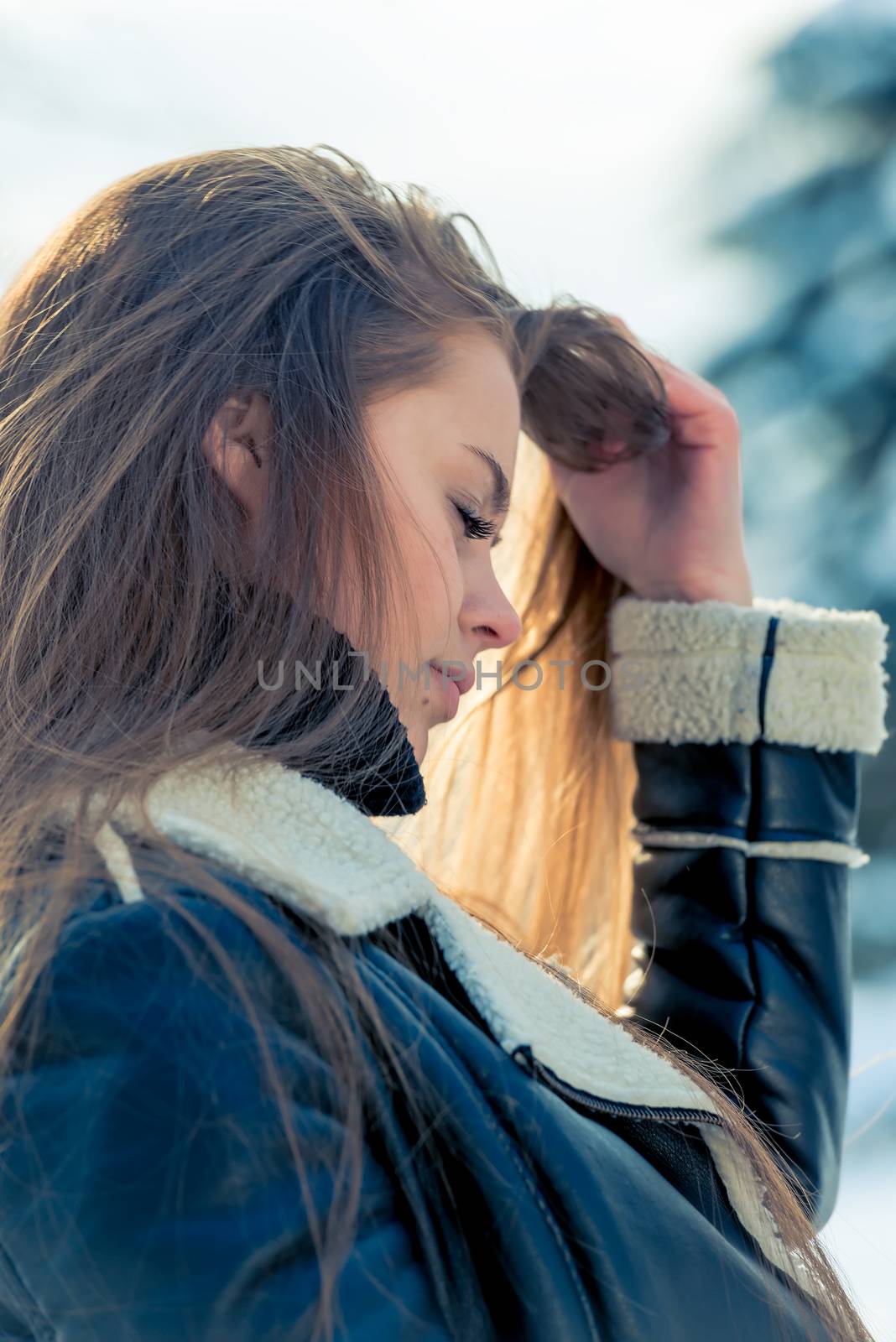 Casual portrait of a girl in a close-up jacket